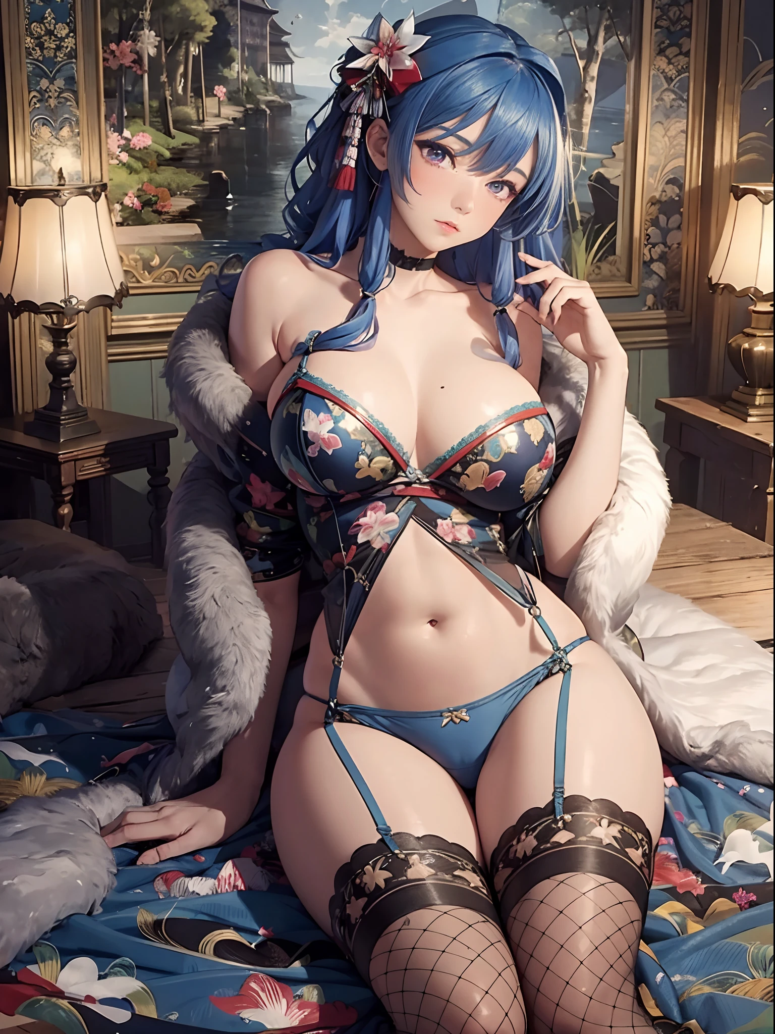(Enrich the picture,Masterpiece level quality)Beautiful 8K CG artwork,Goddess-like posture,sittinng on the river,Postural exercises,Slim and soft,Translucent skin,Blue hair、The beauty of extra-long hair, Super Long Straight Hair,The skin is fair and juicy,Big breasts underwear uniform,Perspective Part 1.2x enhanced silhouette effect,Exquisite transparent blues pattern in pajamas,The details are intricate and exquisite,The background is slightly blurred,Charming and lustful leg seduction,Drool,Big breasts J cup,Blush,Japan goddess,Perfect body slim curves,Scene by the sea,