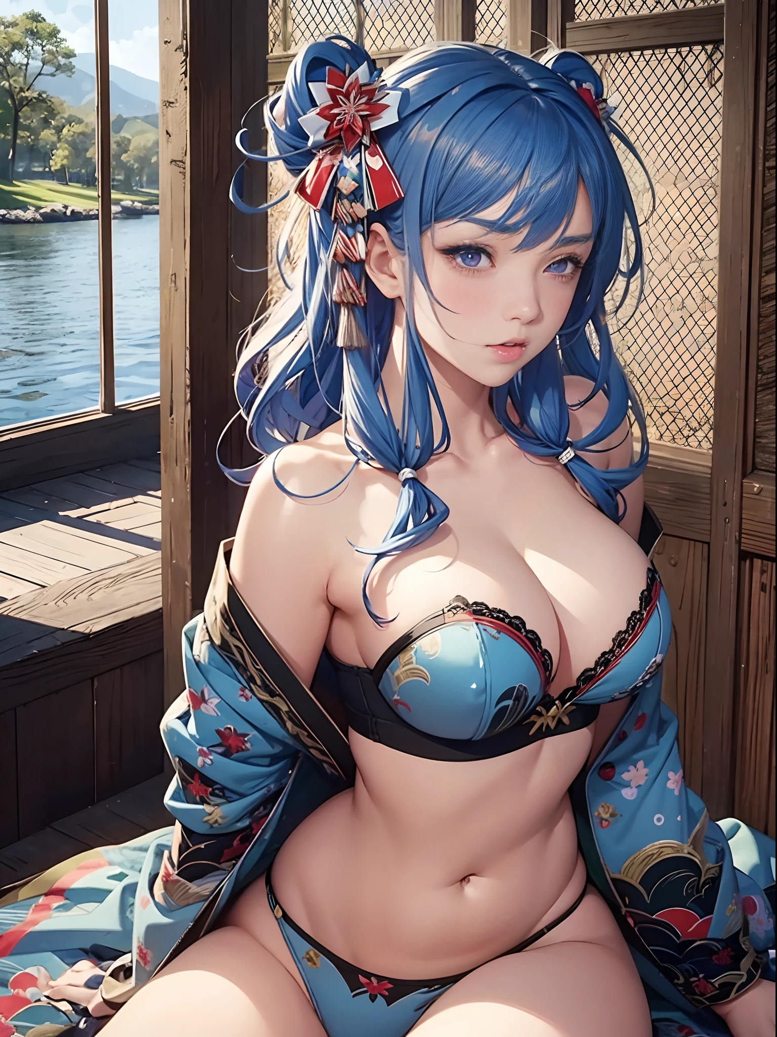 （Enrich the picture，Masterpiece level quality）Beautiful 8K CG artwork，Goddess-like posture，sittinng on the river，Postural exercises，Slim and soft，Translucent skin，Blue hair、The beauty of extra-long hair, Super Long Straight Hair，The skin is fair and juicy，Big breasts underwear uniform，Perspective Part 1.2x enhanced silhouette effect，Exquisite transparent blues pattern in pajamas，The details are intricate and exquisite，The background is slightly blurred，Charming and lustful leg seduction，Drool，Big breasts J cup，Blush，Japan goddess，Perfect body slim curves，Scene by the sea，