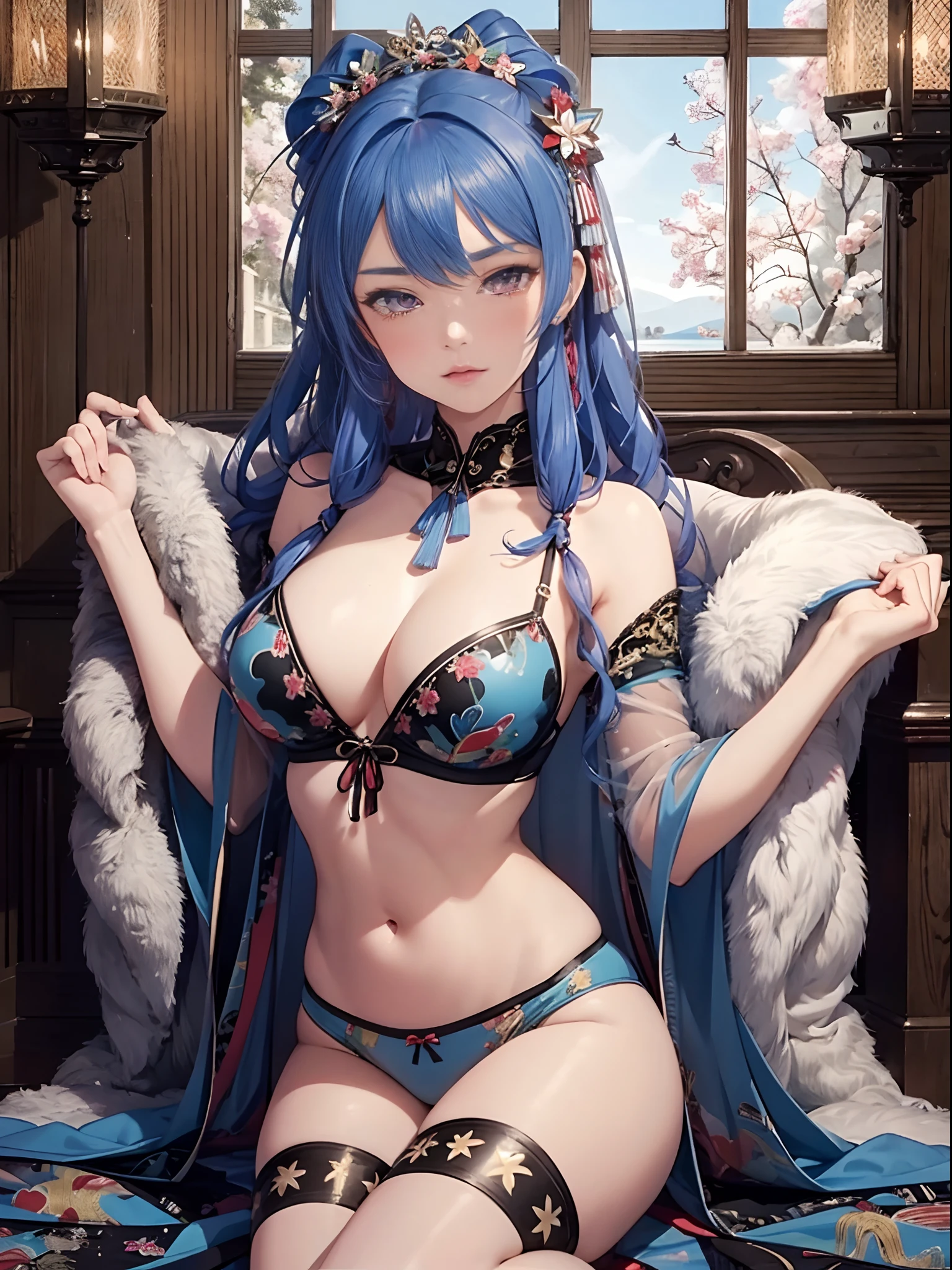 （Enrich the picture，Masterpiece level quality）Beautiful 8K CG artwork，Goddess-like posture，sittinng on the river，Postural exercises，Slim and soft，Translucent skin，Blue hair、The beauty of extra-long hair, Super Long Straight Hair，The skin is fair and juicy，Big breasts underwear uniform，Perspective Part 1.2x enhanced silhouette effect，Exquisite transparent blues pattern in pajamas，The details are intricate and exquisite，The background is slightly blurred，Charming and lustful leg seduction，Drool，Big breasts J cup，Blush，Japan goddess，Perfect body slim curves，Scene by the sea，