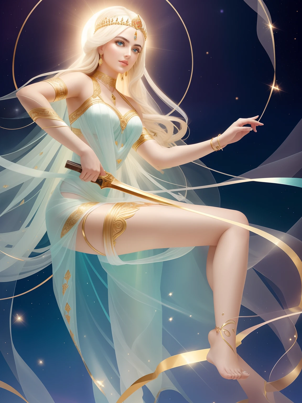 The goddess of wrath stepped on a person with a sharp sword,white streamer,Delicate and radiant skin,Barefoot,(Long curved eyebrows),Beautiful eyes sparkle,The large, Jewel-like eyes sparkle,Clear pupils have reflected light,二重まぶた,Lying silkworm,looks into camera,((Plump and rosy lips)) Clearly visible,((Flushed cheeks)),The mandible is plump,Green skin is delicate and smooth,Delicate skin translucent,The streamers on the body are wrapped around the leaves,jewel embellishment,A delicate and dexterous crown,inlaid gemstones,Delicate and skillfully set gemstones,(Yellow dress),Perfectly designed jewelry is exquisite,Beautiful eyes looking directly at the camera,(((nice hand))),((((Good feet))),(((good legs))),realisticlying,white skinned,((Correct body structure)),Golden costume,Blue sky,Head background with round light,Behind him is a colorful rainbow circle,Color glow is turned on,Front lighting,Positive light,No shadows on the face,There are no shadows on the body,Blue sky,Unreal space,ethereal world,dreamworld,with blue sky and white clouds,tmasterpiece,4K,ultra-definition,professional photoshooting,Perspective looks up,Standard lens shooting,