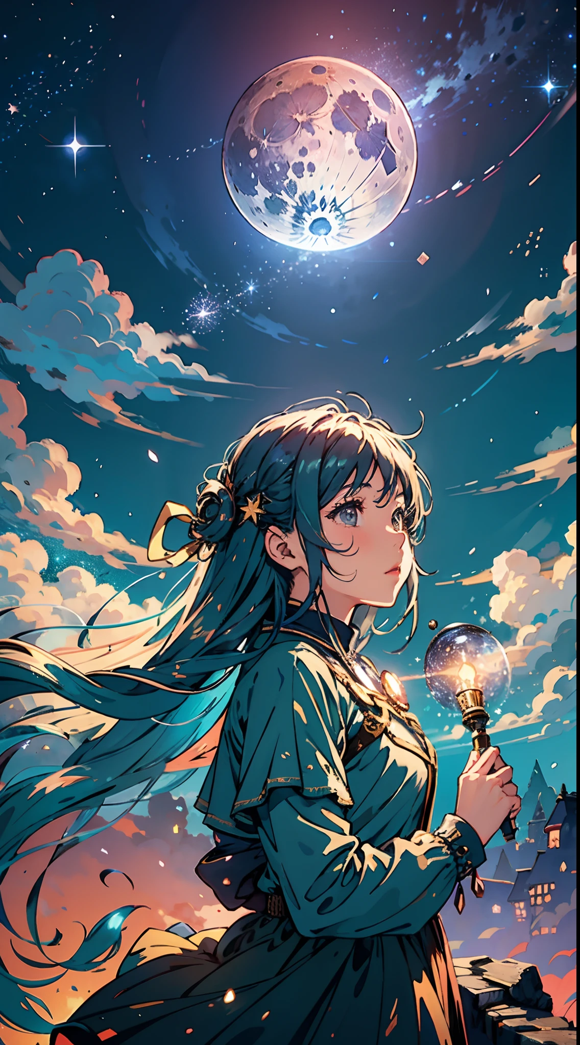 A girl mesmerized by the enchanting Starry night, gazing at a celestial symphony of stars, wispy clouds, shooting stars, and a radiant full moon, captivating viewer's attention.