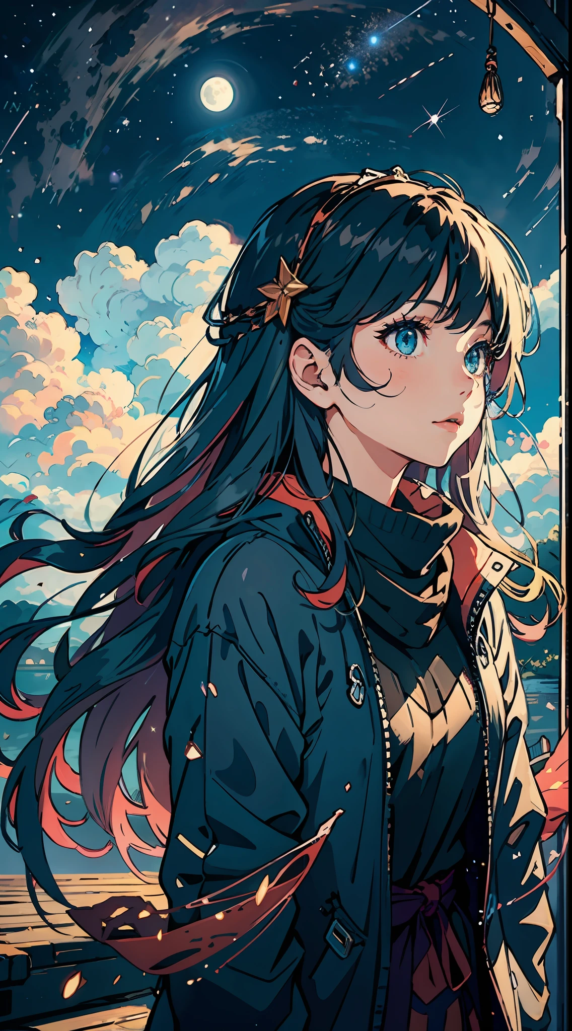 A girl mesmerized by the enchanting Starry night, gazing at a celestial symphony of stars, wispy clouds, shooting stars, and a radiant full moon, captivating viewer's attention.