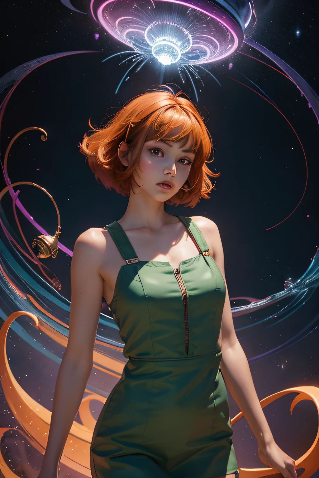 concept art, overhead angle of a Will-o'-the-wisp, wearing Funny Somali Emerald deep orange Pinafore, Caramel hair styled as Short hair, fluorescent purple Hair tie, equirectangular 360, Highres,  [(art by Willi Baumeister:1.1), (art by John T. Biggers:1.2)::17], official art, unity 8k wallpaper, ultra detailed, aesthetic, masterpiece, best quality, photorealistic