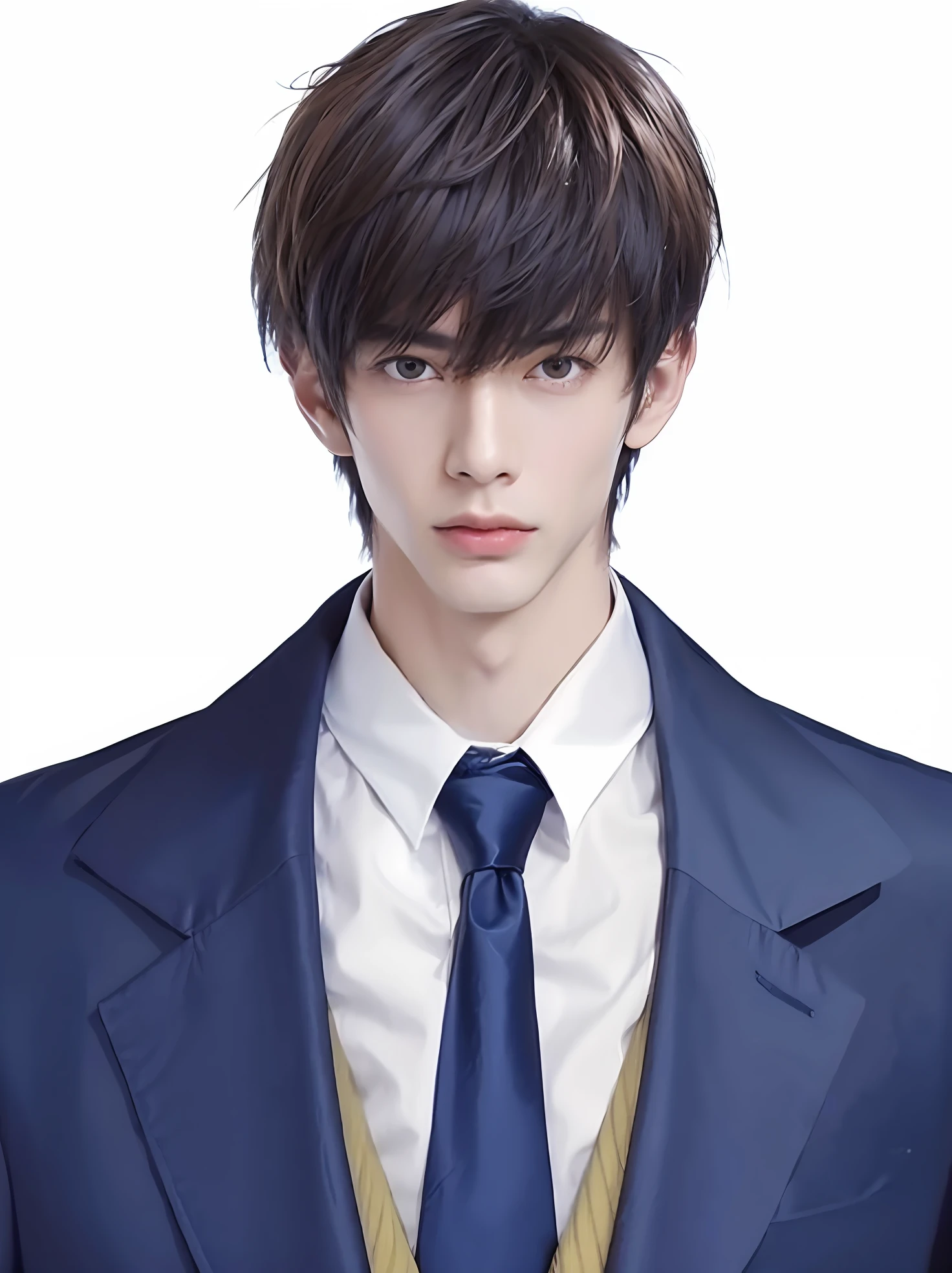 a close up of a man in a suit and tie, asian europe mix handsome man, tall anime guy with black eyes, realistic, best quality, ultra detail, 70mm lens.