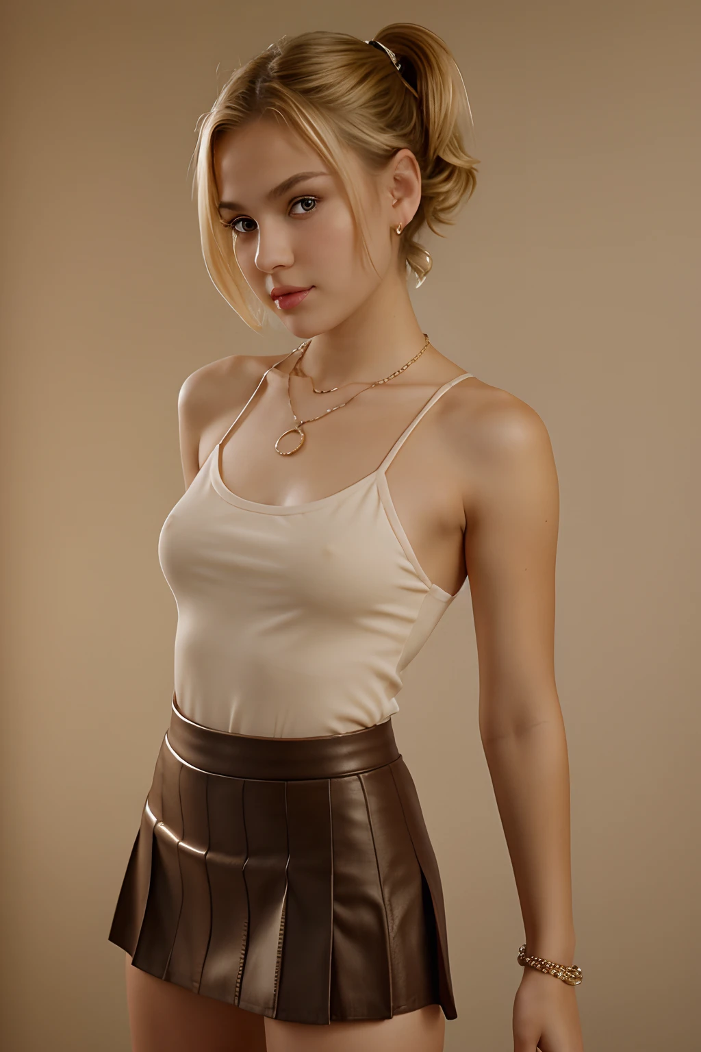 1girl , solo, full body, short hair, ponytails hair, showing very small breasts, looking at viewer, blonde hair, brown eyes, jewelry, full body, mini skirt, necklace, lips, realistic, nose, flirting with camera