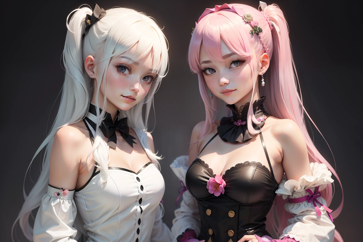 tmasterpiece, High- sharpness, Best quality at best, 2 girls solo, One pink hair and one white hair,kamisato_ayaka, ssmile, komono