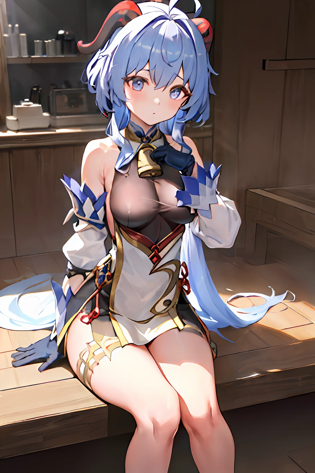 (Photorealsitic:1.4)、(masterpiece、side lights、Beautiful Eyes of Details:1.2)、masterpiece*portlate、realisitic、3D顔、
ganyu \(GenshinImpact\), 1girl in, Ahoge, architecture, bangss, bare shoulders, Nud, cleavage of the breast、black gloves, Skirt to see、Smooth thighs、 (blue hairs), red blush, breastsout, Chinese knots, Detached sleeves, flower knots, gloves, banya, length hair, looking at the viewers, middlebreast, Bell around the neck
