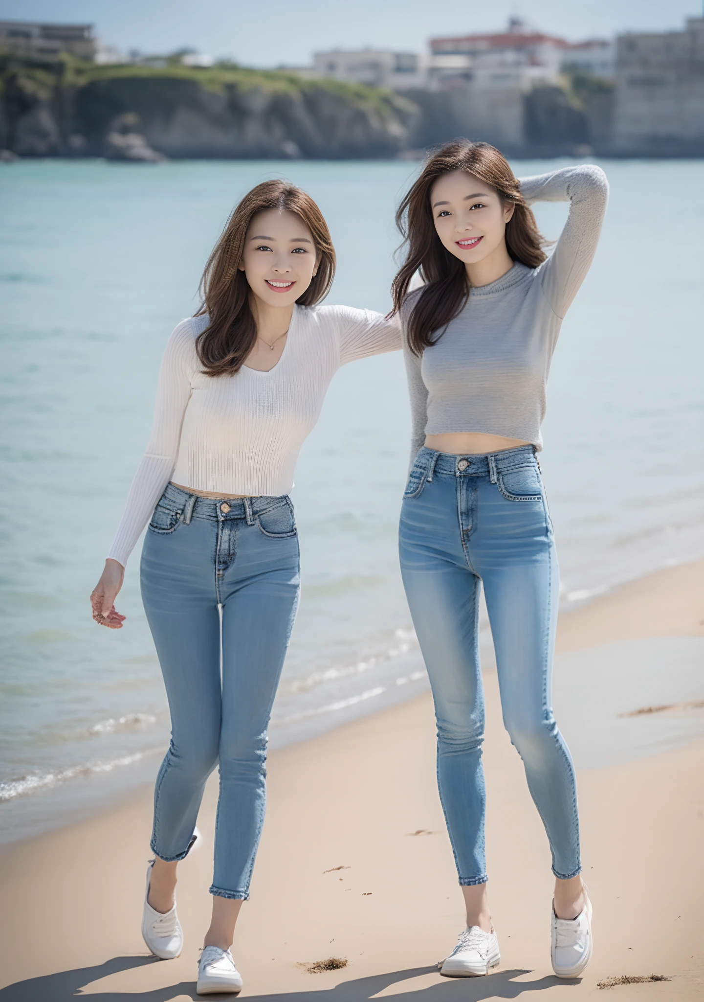Woman in jeans on the beach,Dancing sexy,Full body shooting:1.8(RAW photogr,超高分辨率,8K,HD,tmasterpiece,best qualtiy),Complicated details, 20 years old Asian woman,Women wearing smoked gray cropped anxiety tight sweaters(Slim fit,Fit snugly to the body)and trendy jeans with open navels,Realistic and detailed costumes,Detailed beach,A sweet smile appeared on the little face,The face is white and tender,skin lightening,Ultra-realistic facial details,Beautiful accessories,White skin and beautiful appearance,The skin is as fat as jade,The face is delicate and watery,Playful and coquettish pose,The calves are straight and slender:1.5,Wear high-end branded travel shoes:1.5,eventide,warm color,Broad lighting,naturalshadow,taking a full body photo:1.8