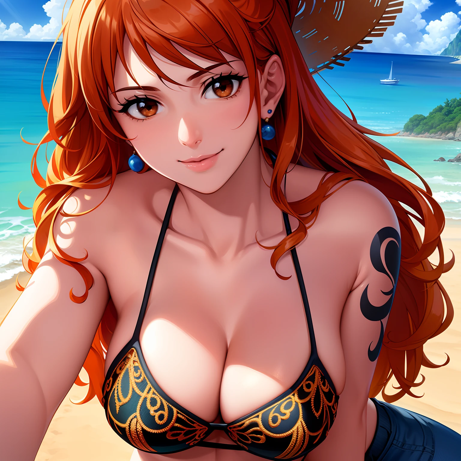 ultra realistic 8k cg, masterpiece, ((ultra detailed background, delicate pattern, intricate detail)), (highly detailed, fine details), best quality, (photorealistic:1.4),beautiful lighting, absurdres, RAW photo, film grain, ((medium breasts, slim girl)), NamiV2, 1girl, orange hair, solo, long hair, jewelry, ((medium breasts, slim girl, bikini top only, jeans, left shoulder tattoo)), brown eyes, smile, earrings, cleavage, bracelet, collarbone, navel, (complex detailed background, outside, beach environment, sunny, nature), ((portrait, close-up)),