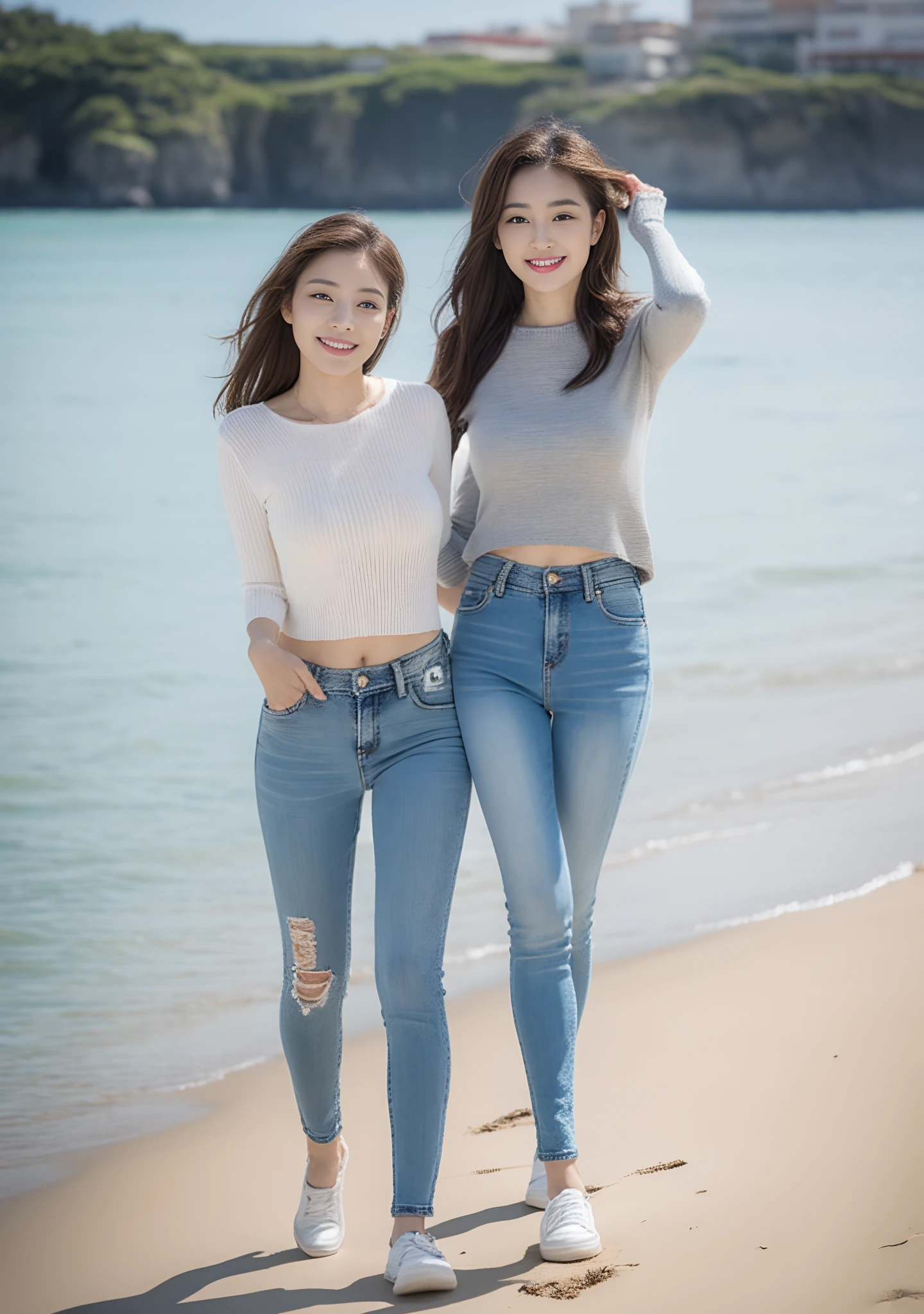 Woman in jeans on the beach，Dancing sexy，Full body shooting:1.8（RAW photogr，超高分辨率，8K,HD,tmasterpiece，best qualtiy），Complicated details， 20 years old Asian woman，Women wearing smoked gray cropped anxiety tight sweaters（Slim fit，Fit snugly to the body）and trendy jeans with open navels，Realistic and detailed costumes，Detailed beach，A sweet smile appeared on the little face，The face is white and tender，skin lightening，Ultra-realistic facial details，Beautiful accessories，White skin and beautiful appearance，The skin is as fat as jade，The face is delicate and watery，Playful and coquettish pose，The calves are straight and slender:1.5，Wear high-end branded travel shoes:1.5，eventide，warm color，Broad lighting，naturalshadow，taking a full body photo:1.8