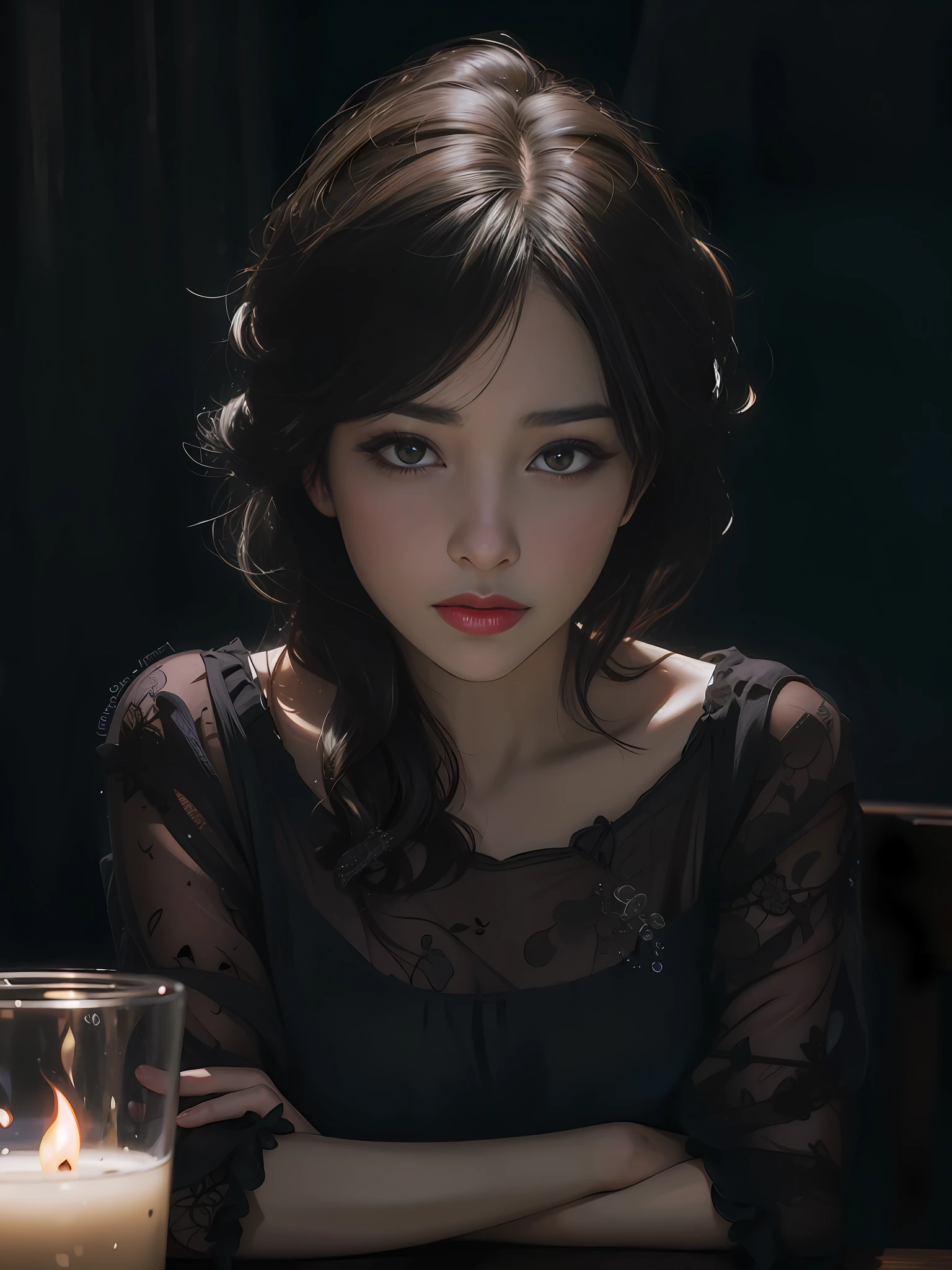 Araki Asian woman sitting at the table,There is a candle in front of him, Rendu portrait 8k, Guviz-style artwork, Guviz, Soft portrait shot 8 K, author:Zhang Han, Cute face. Dark fantasy, 🤤 girl portrait, dream magical、aethereal、darkly, Ethereal beauty, photorealistic anime girl rendering, dark fantasy mixed with realism