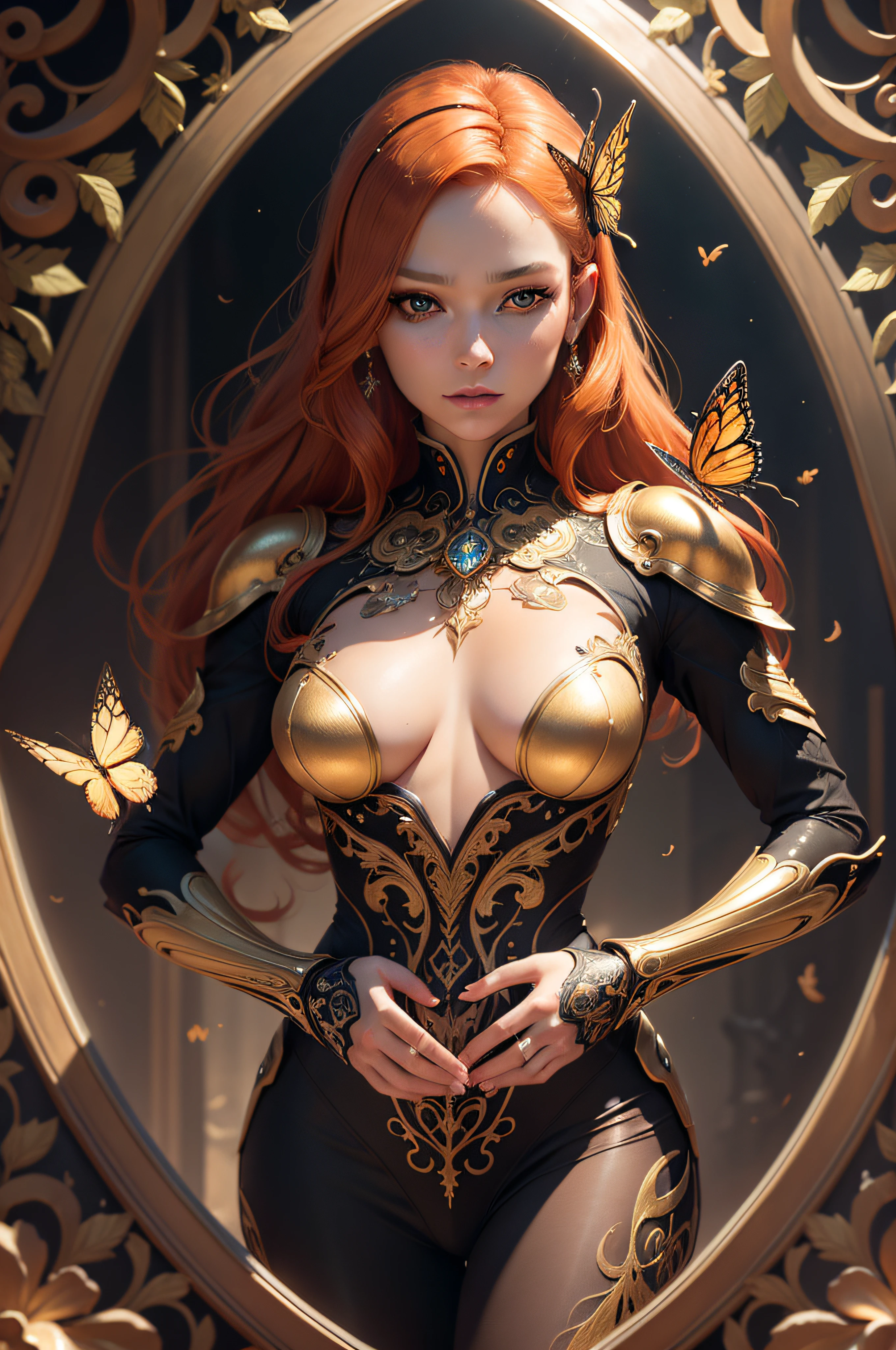 64k portrait of beautiful cyborg with GINGER hair, intricate, elegant, highly detailed, majestic, digital photography, surreal painting gold butterfly filigree, broken glass, (masterpiece, side lighting, finely detailed beautiful eyes: 1.2), HDR, (detailed background window to a new dimension, plants and flowers:0.7) infinity, infinite symbol,