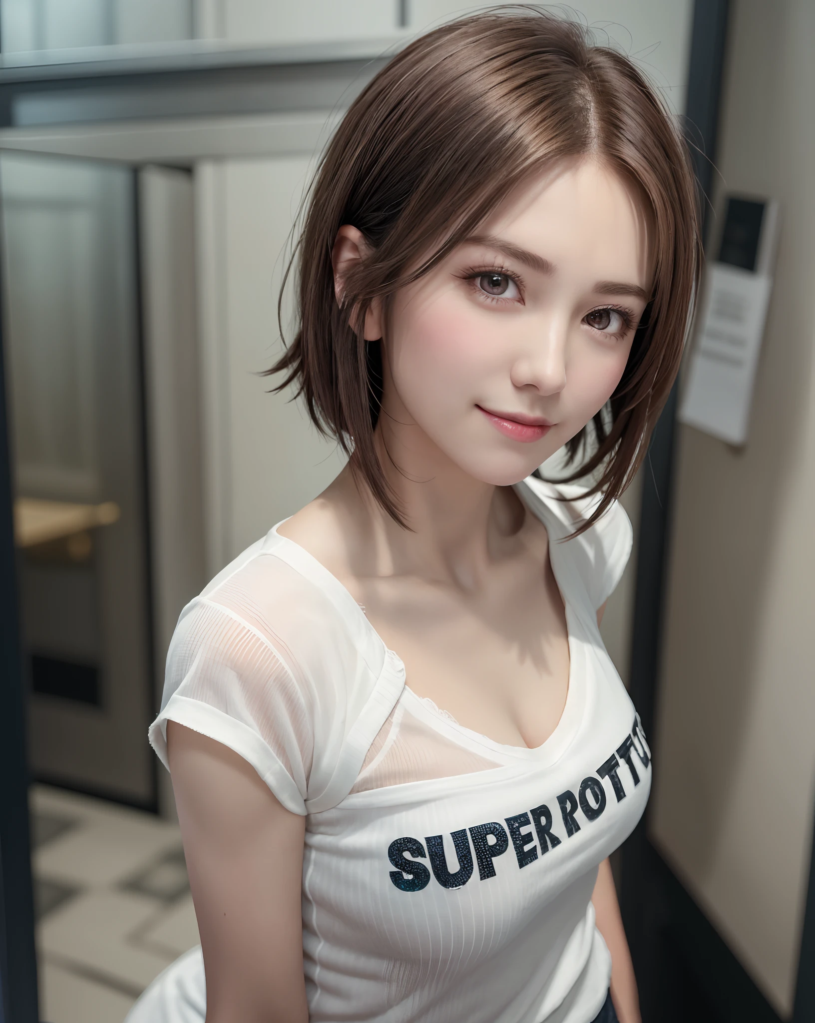 Best Quality, Ultra High Resolution, (Photorealistic: 1.4), Beautiful Eyes, Super Beautiful, Very Short Hair, Beautiful, Sweetheart, T-shirt with Rough Chest, Beautiful Soldier, Eyes That Invite Viewer, Lover's Perspective, Inviting Expression, Sexy Smile, Perfect Style, Perfect Balance, Detailed Skin, Naughty Gaze, Chest Visible