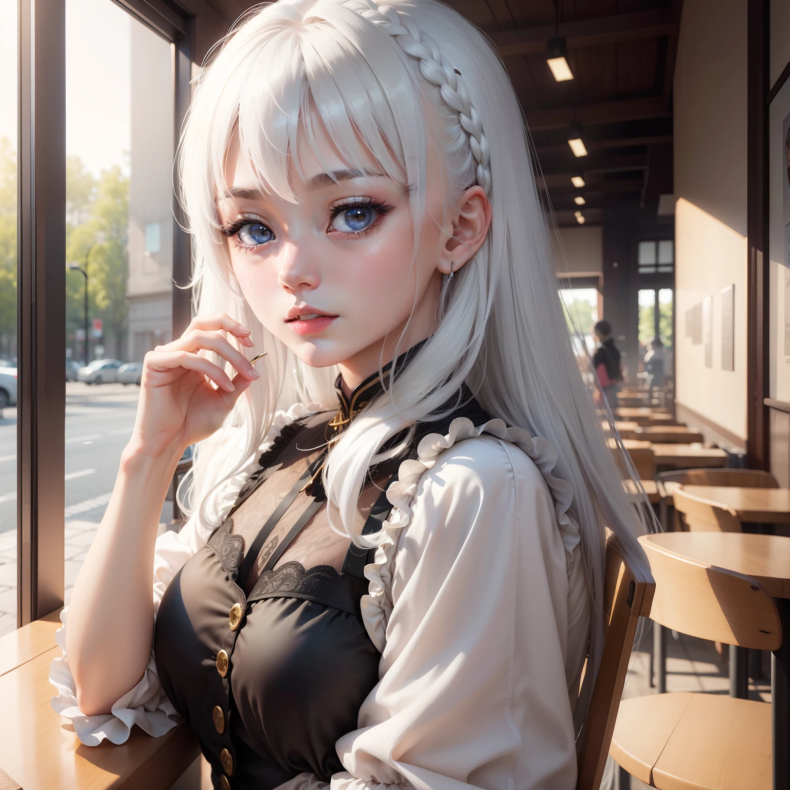 best qualtiy、细致背景、girl with、cafeteria、(masuter piece:1.3)、(8K、Photorealsitic、Raw photography、top-quality: 1.4)、(1girl in)、beautiful countenance、(Lifelike face)、(white hair、long:1.3)、Beautiful hairstyle、realisticeyes、Beautiful details、(real looking skin)、Beautiful skins、超A high resolution、A hyper-realistic、high-detail、the golden ratio