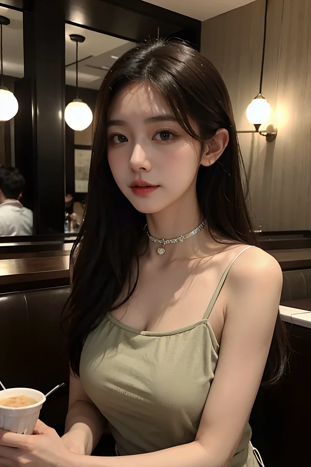 best qualtiy,Original,tmasterpiece,超高分辨率,Sweet girl,Draped with hair,choker necklace,camisole,medium boob,Restaurant,heal