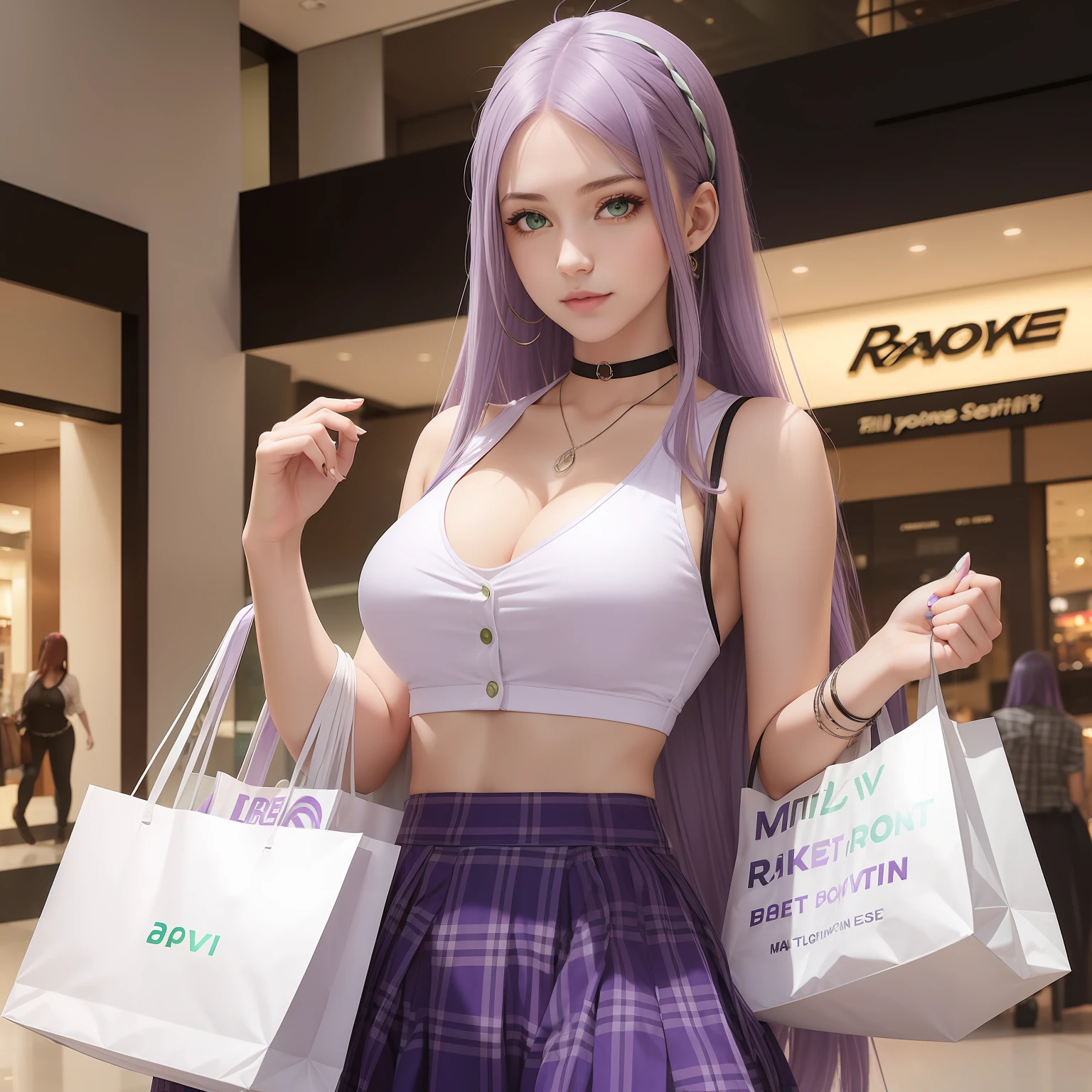 1girl, long light purple hair, green eyes, white low cut crop top, short navy blue plaid skirt, mall, cleavage, shopping bags, large chest