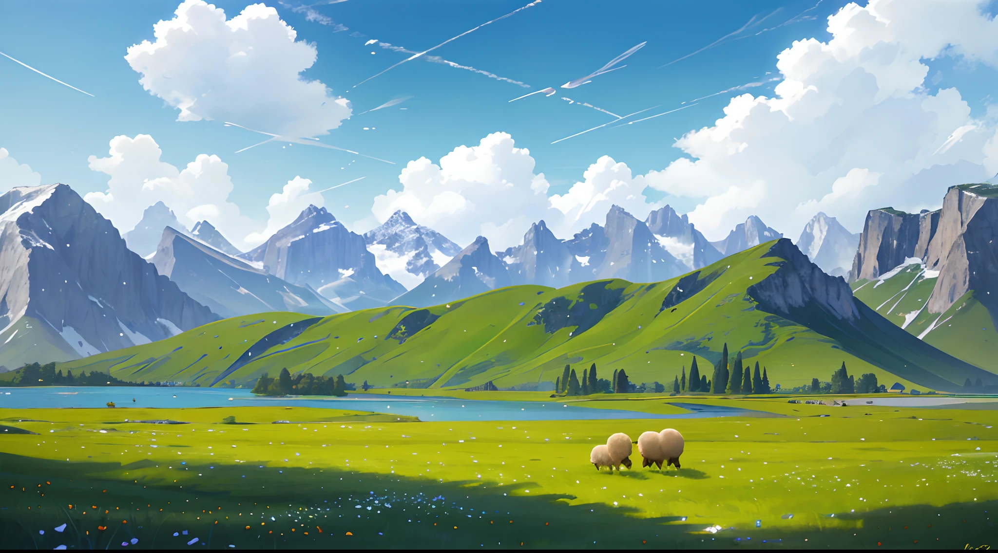 Summer, meadows, a few small flowers, clear lakes, sheep, heaven, large clouds, blue sky, hot weather, HD detail, hyper-detail, cinematic, surrealism, soft light, deep field focus bokeh, distant vistas are snowy mountains, ray tracing, and surrealism. --v6