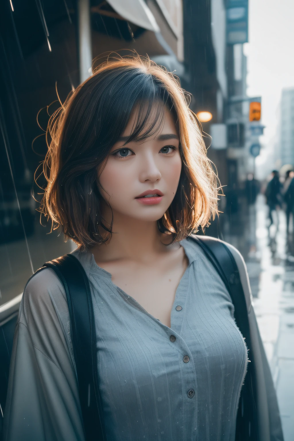 ((Best Quality, 8k, Masterpiece:1.3)), Focus:1.2, Perfect Body Beauty:1.4, Buttocks:1.2, ((Layered Haircut, Breasts:1.2)), (Wet Clothes:1.1) , (Rain, Street:1.3), Occupation:1.1, Highly detailed face and skin texture, Fine eyes, Double eyelids, Whitened skin, Long hair, (Shut up: 1.3)