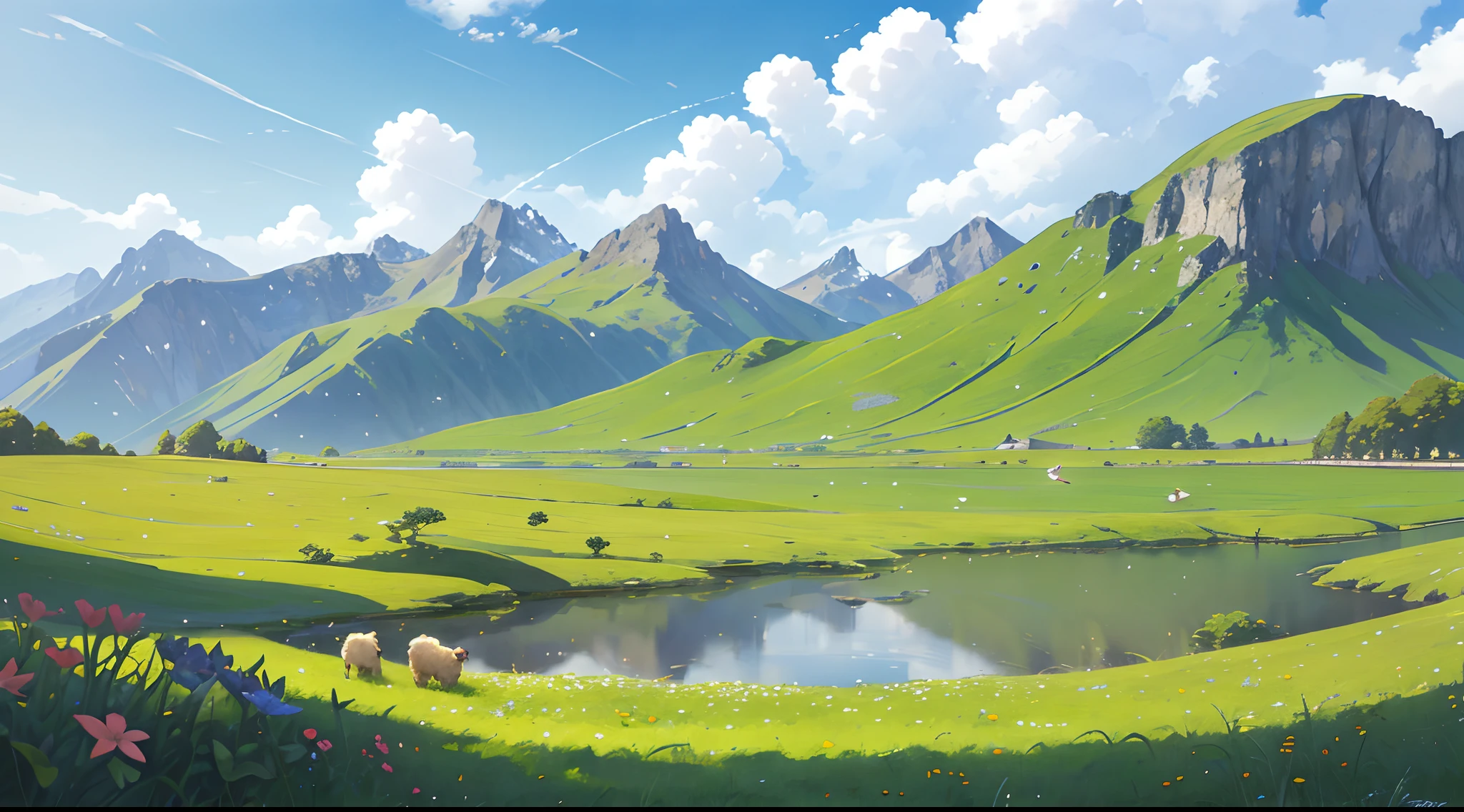 Summer, meadows, a few small flowers, clear lakes, sheep, heaven, large clouds, blue sky, hot weather, HD detail, hyper-detail, cinematic, surrealism, soft light, deep field focus bokeh, distant vistas are snowy mountains, ray tracing, and surrealism. --v6