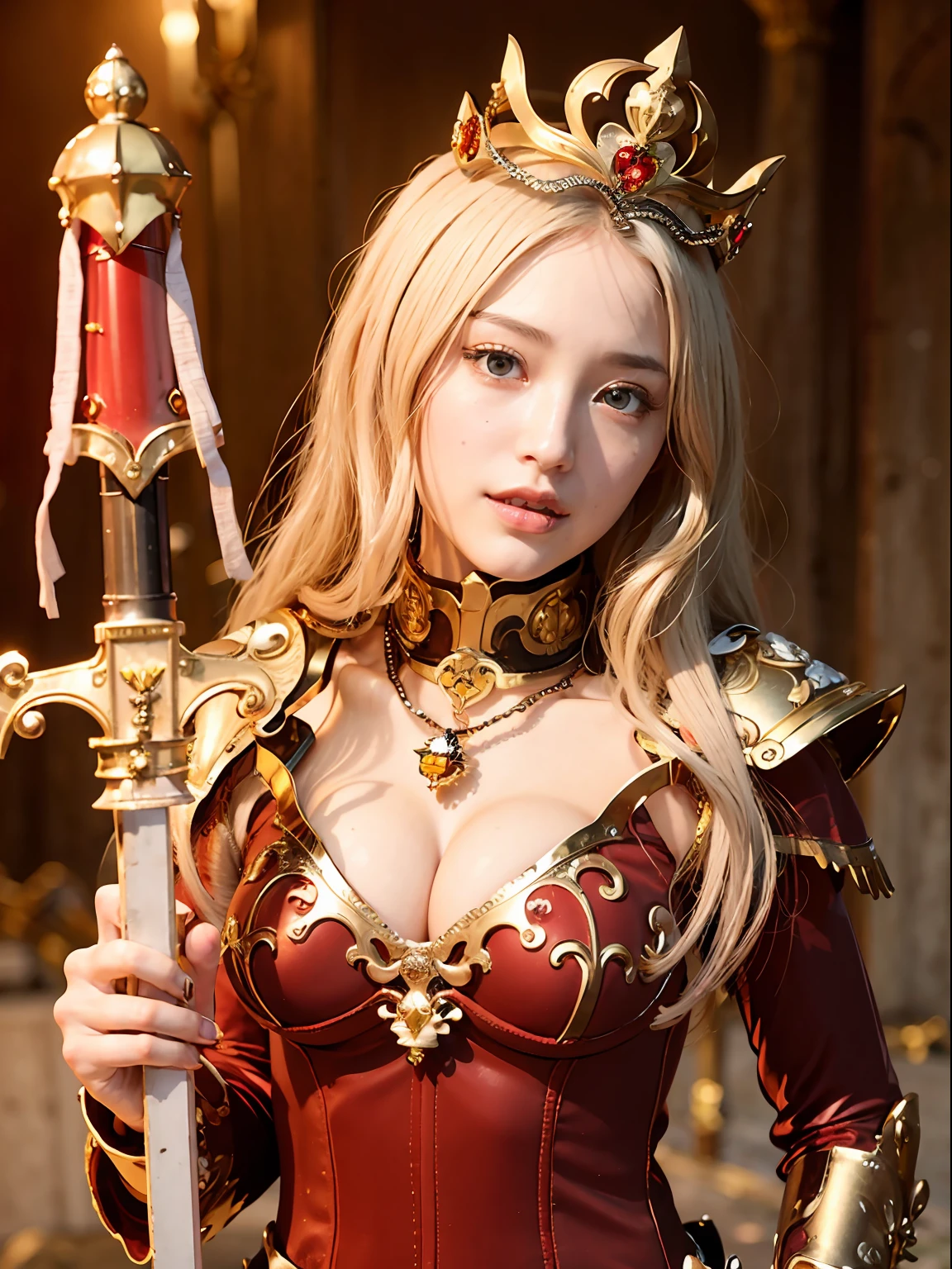 (masutepiece), Professional , ​masterpiece、top-quality、photos realistic , depth of fields （Gemstone Silver Metal Body:1.９),Background inside the castle、(Matte Red、Jewel Gold Weapon（Jewel Metal Body:1.４),Young 20 year old girl、（Gorgeous metal weapons） , Detailed Sword of the Brave , Beautiful knife   ,warhammer 40k , adepta sororitas,(a blond),Detail and ornate jewel crown、Golden hair、Gangle's forest background、Beautiful Caucasian beauty、１a person、dynamic ungle,(((Detailed and ornate diamond crown)))、Smaller head、A smile、Powerful poses、Background inside the castle、Thin and beautiful female hands、Old ancient ruins、A smile、cleavage of the breast、（Mystical expression）、