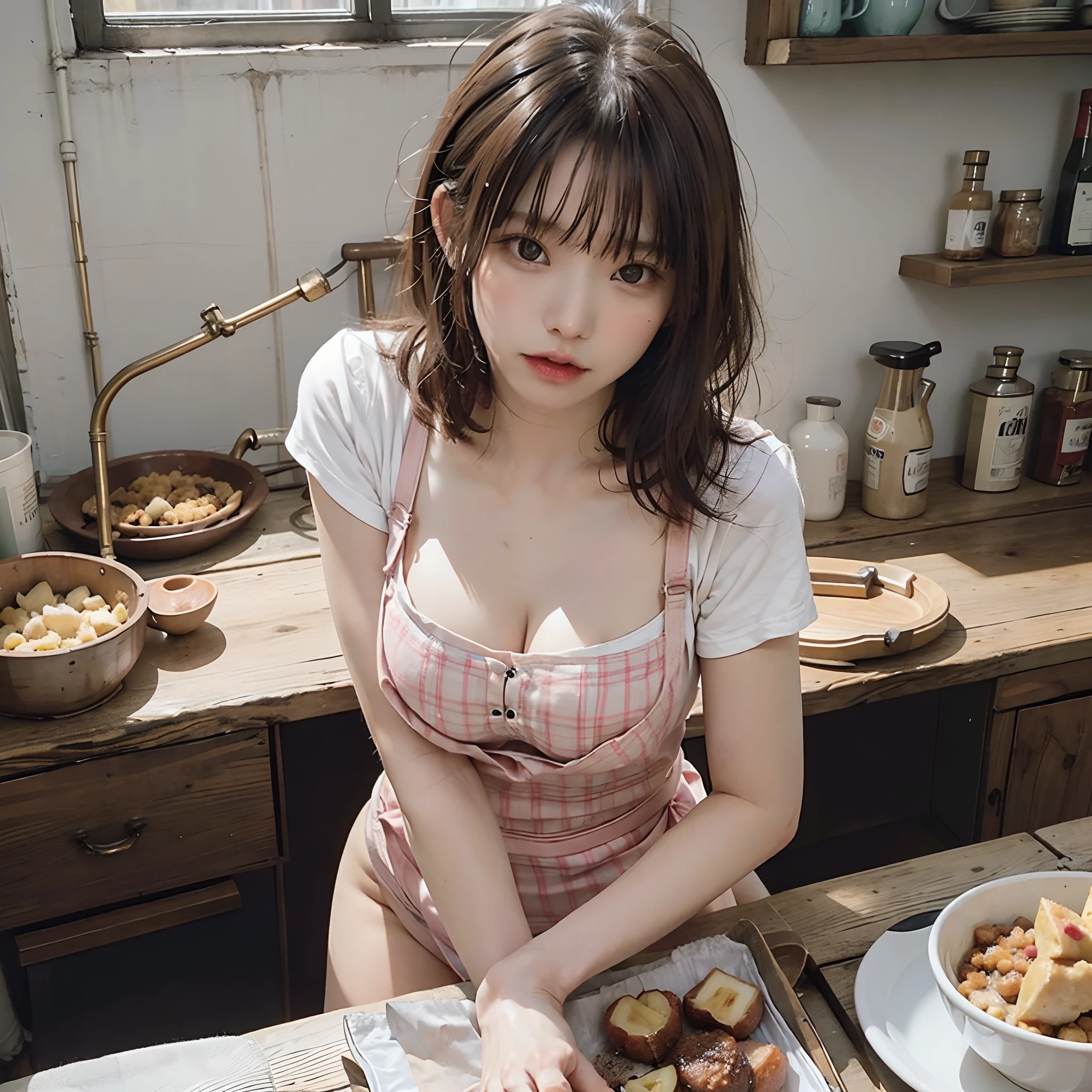 beste-Qualit、photo- realistic、8K、A high resolution、女の子 1 人、(mideum breasts:1.8)、kitchin、(((Wearing a large apron that is up to the chest position)))、((No bra))、((witheout panties))、slightly shorter hairstyle、Bronze Hair、Naked and only in a loose apron、Angle from above、Simple apron、No clothes、Lean forward with hands on your knees、areola is clearly visible through the gap in the apron