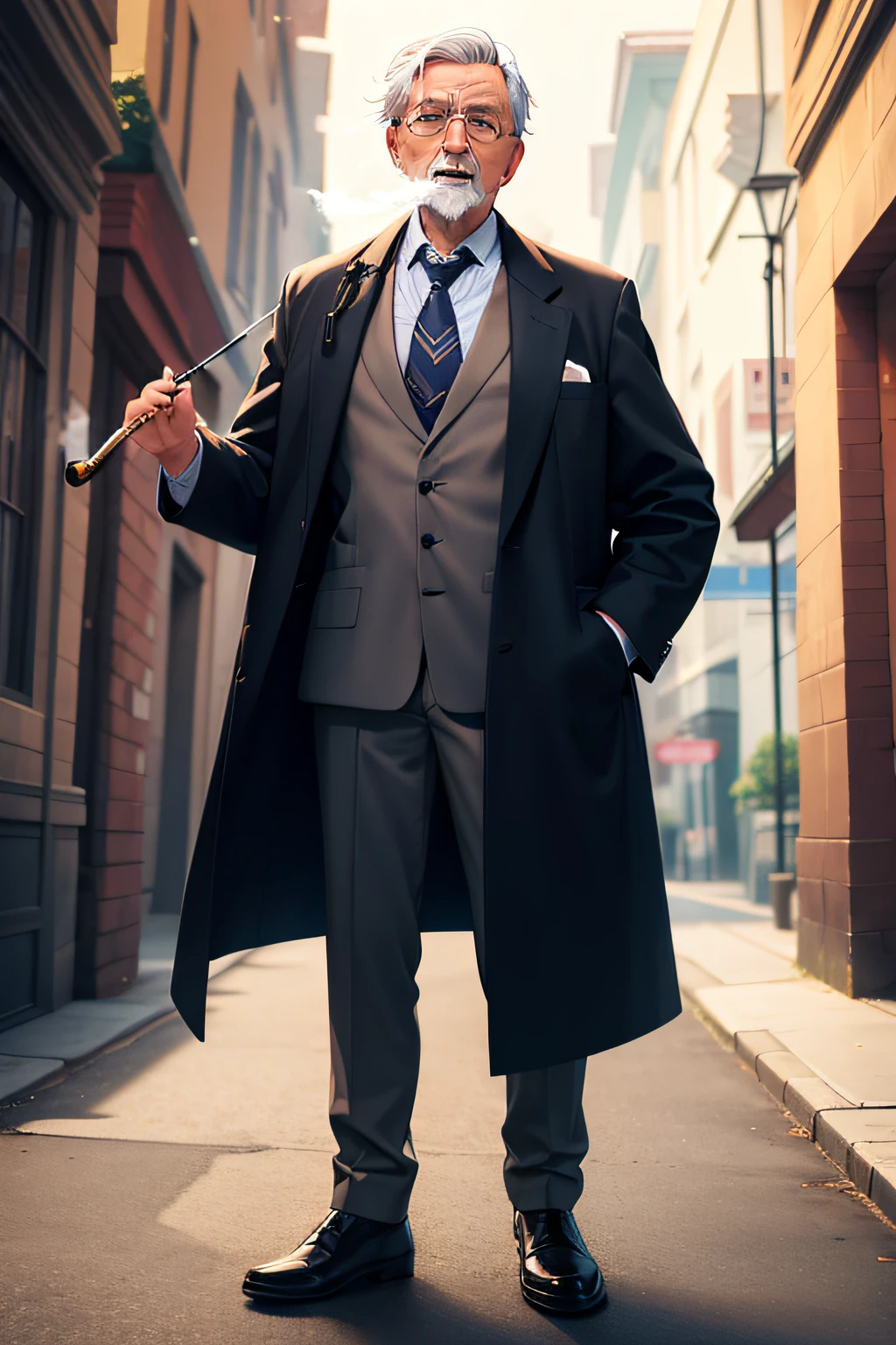 An elderly male doctor smokes a pipe，standing on your feet，full bodyesbian，Front lens