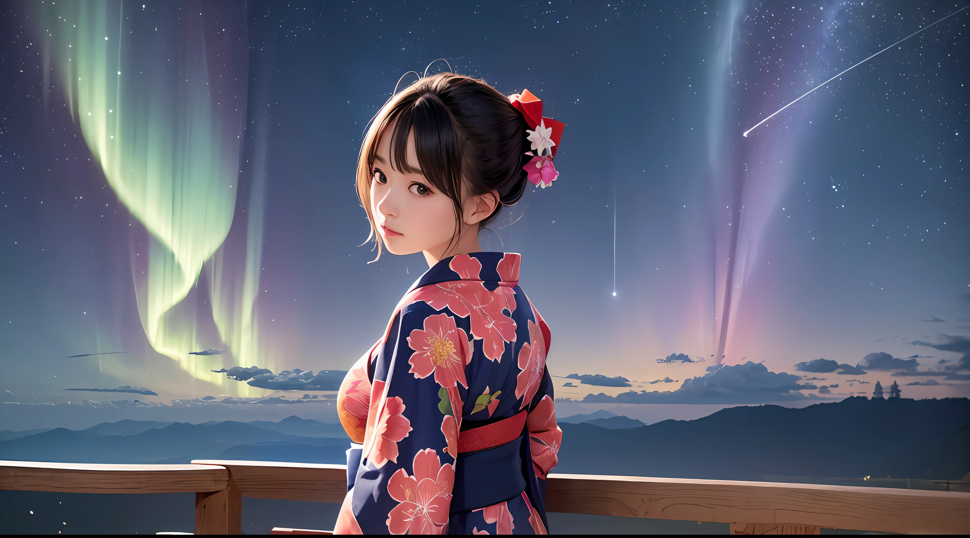 Prefect cute face,1 busty girl in a kimono gazing at the stars,looking to viewer, (zoomed: 1.1), (meteor shower: 1.2), (comet: 1.1), your name, low angle, from behind, Northern Lights, meteors, yukata, red kimono, cherry blossoms, standing in the field, best quality, masterpiece, clouds, colorful, starry, stars,