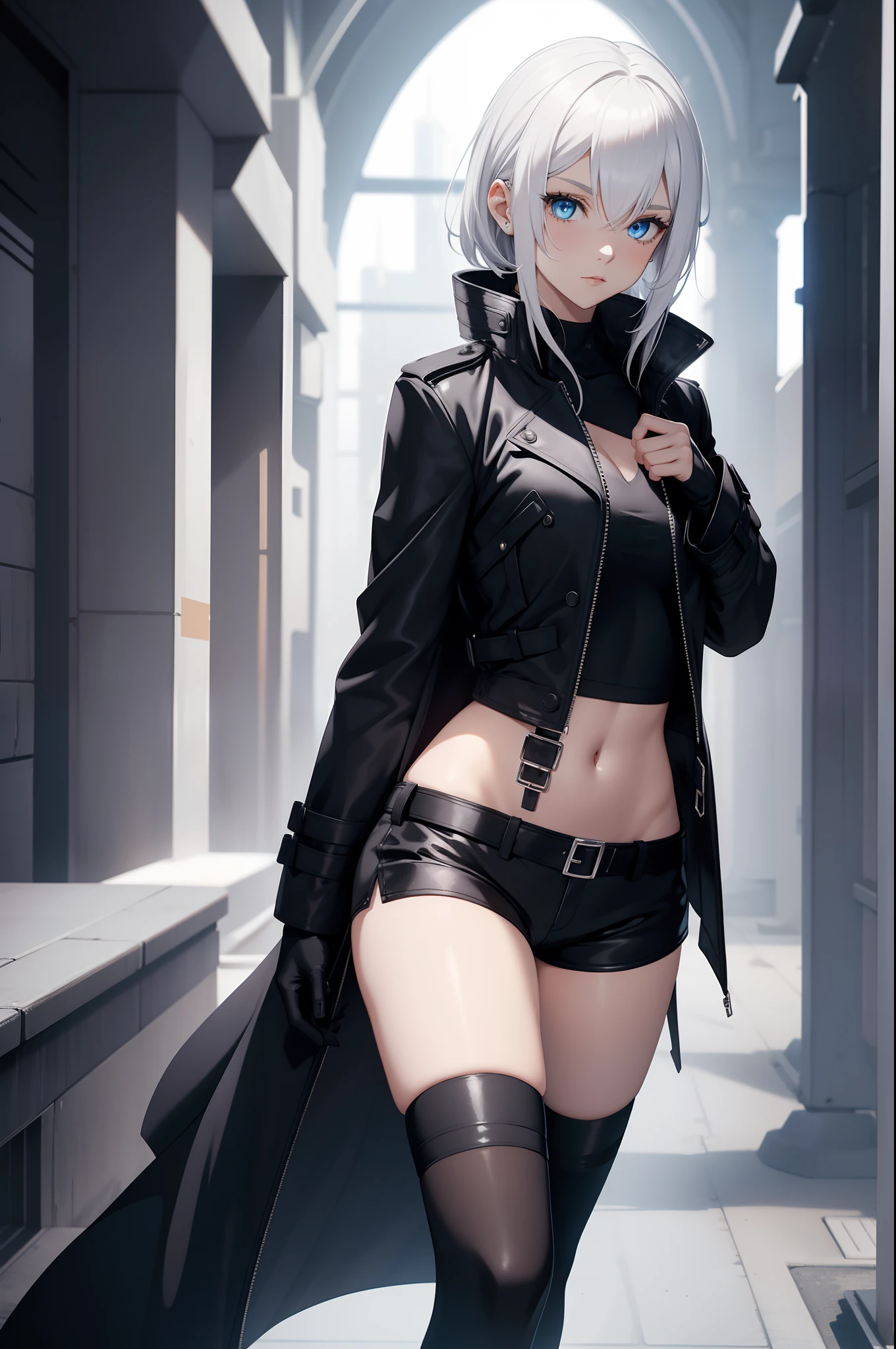 solo female, white hair, blue eyes, black trench coat, black shorts, white crop top, black gloves