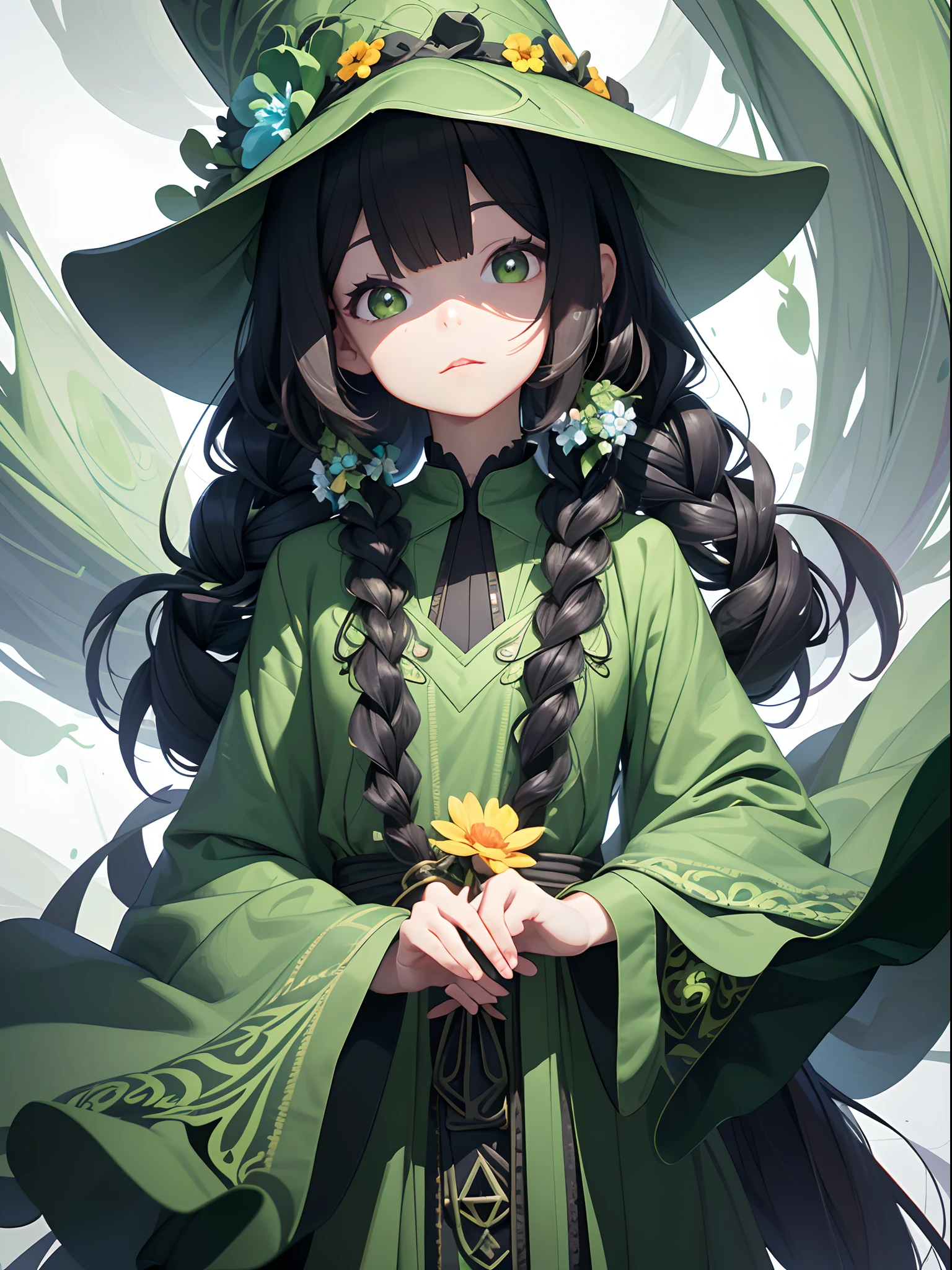 1girl in, twin_Braids,A dark-haired, tiny girl, 10yaers old, The upper part of the body, Simple green witch big hat and green robe, Watching the viewer, intricate detailes, 32K Digital Paint, Hyper-Realism, (Abstract background:1.3), (colourfull:1. 3), (florals:1.2), (Zentangle:1.2), (Fractal Art:1.1), twosideup, s lips, a closed mouth, bangss, The upper part of the body, Bangs, An ultra-high picture quality, in 8K, Elaboration to the smallest detail, Ultra-fine, tchibi