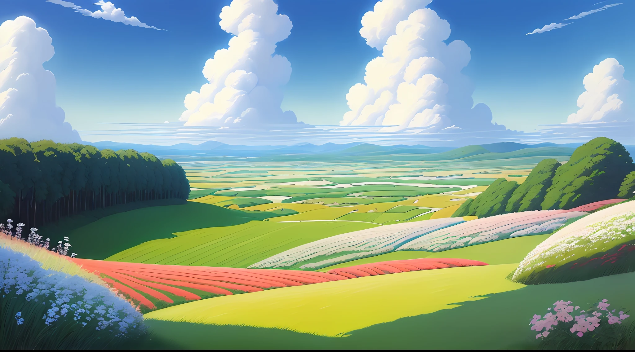 Realistic, authentic, beautiful and amazing landscape oil painting Studio Ghibli Hayao Miyazaki's petal grassland with blue sky and white clouds --v6