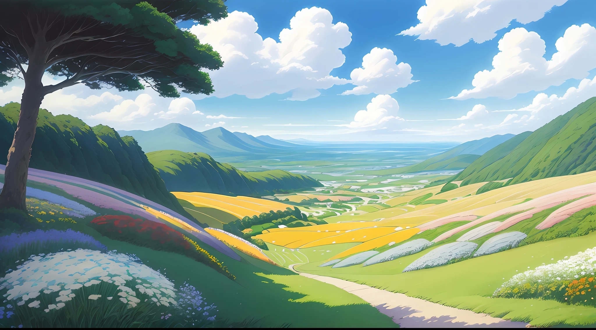 Realistic, authentic, beautiful and amazing landscape oil painting Studio Ghibli Hayao Miyazaki's petal grassland with blue sky and white clouds --v6