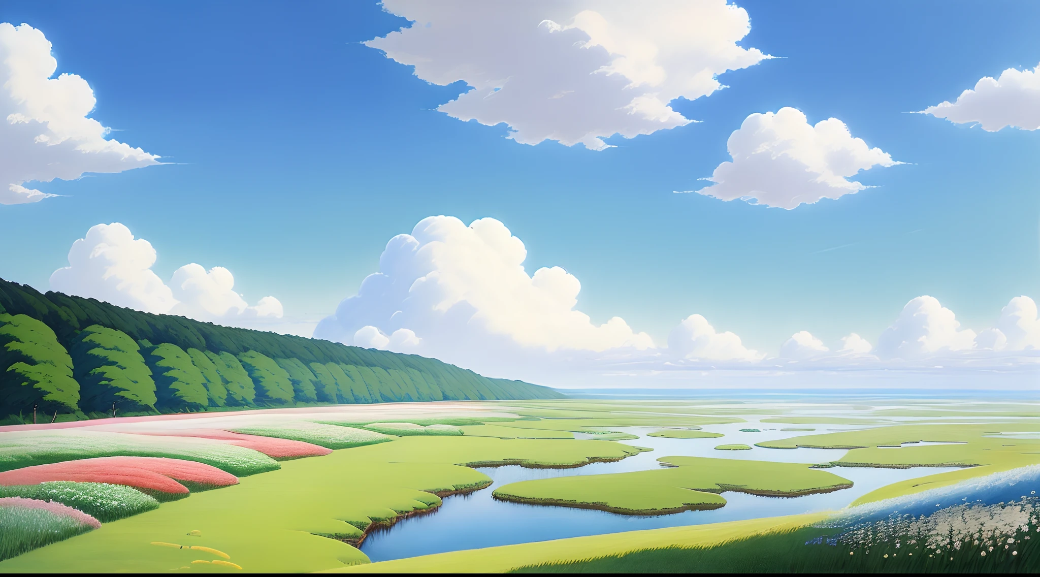 Realistic, authentic, beautiful and amazing landscape oil painting Studio Ghibli Hayao Miyazaki's petal grassland with blue sky and white clouds --v6
