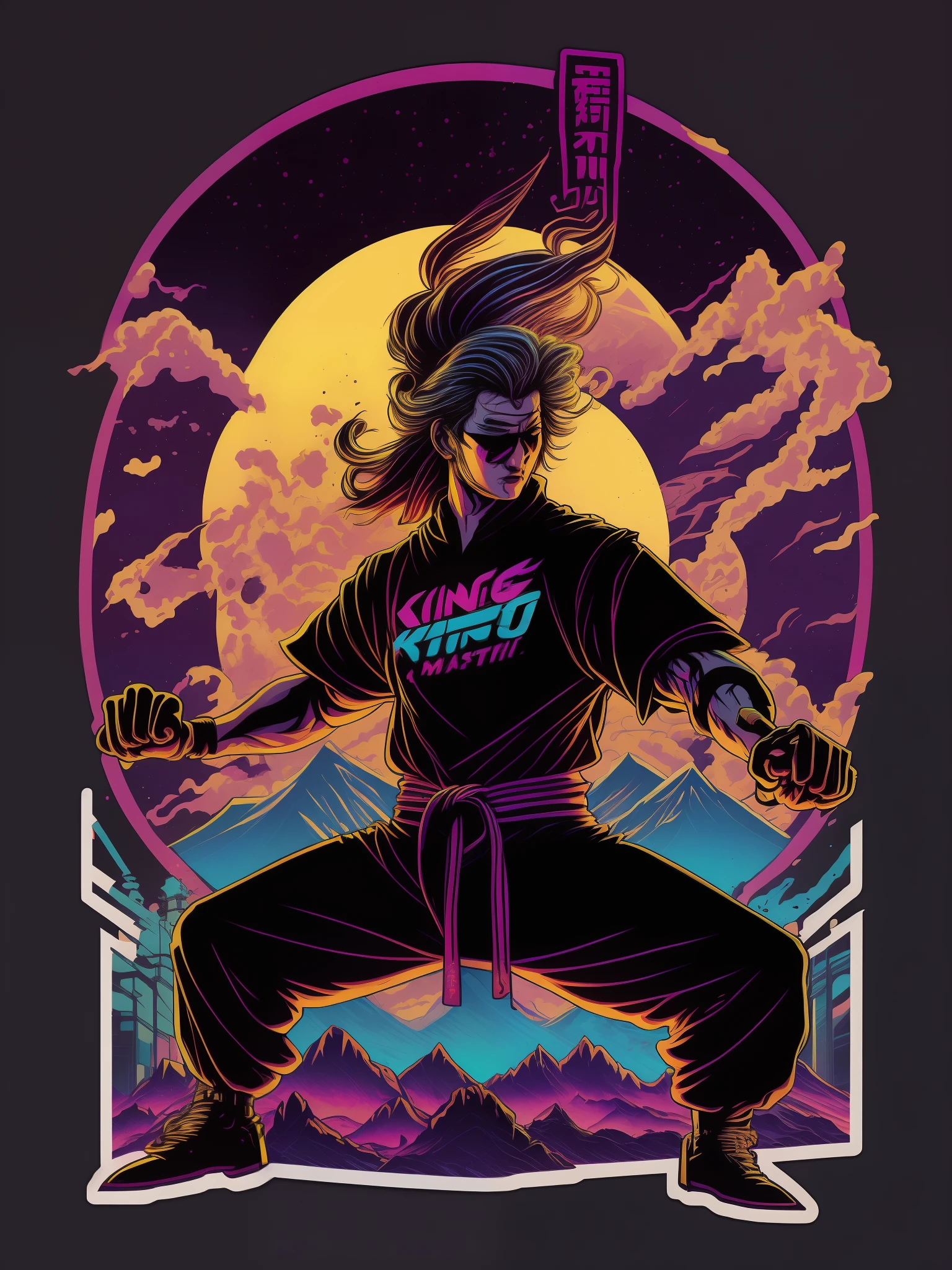 Retro wave kung fu master with nunchucks design,a sticker,full body shot shot,style of anime,tai chi,Trigger studio style,comic book art,comic strip,scribble art,graphical,Intense neon color,Golden ratio composition,design for tshirt,8K
