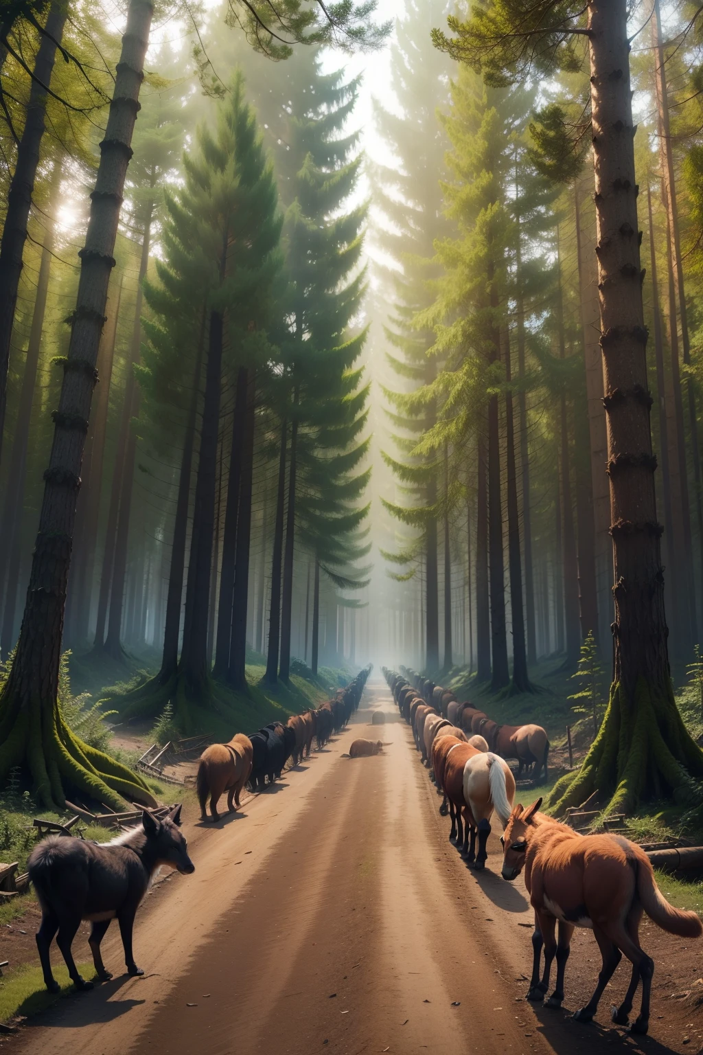 a row of different animals in the forest