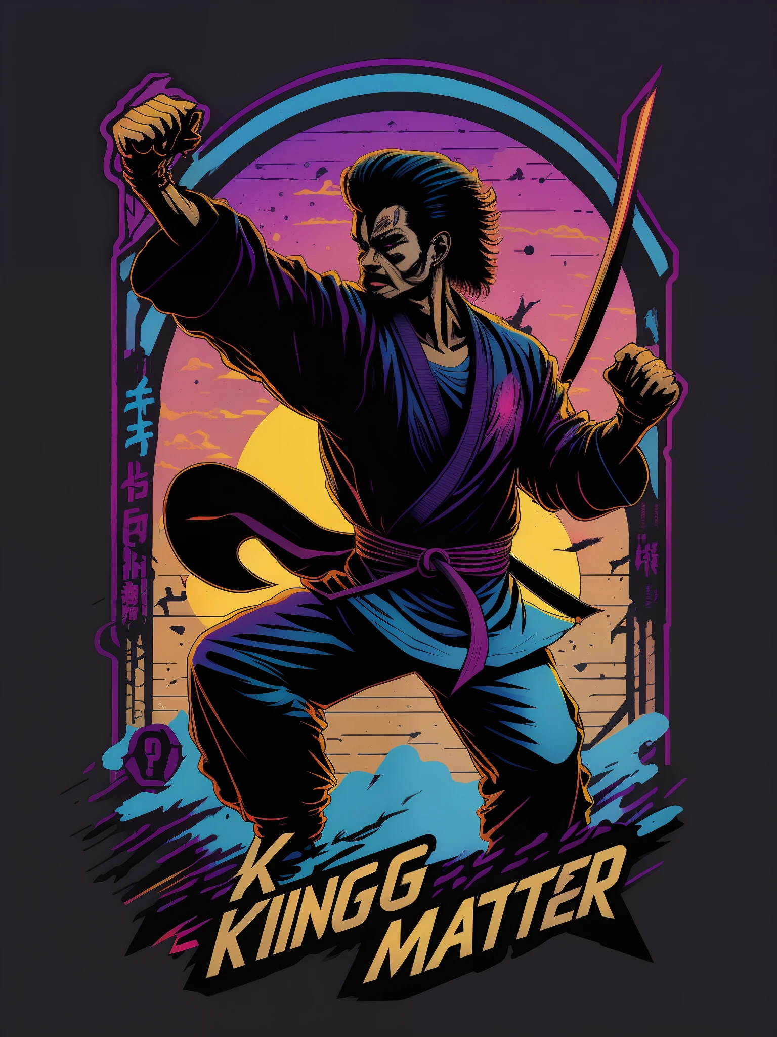 Retro wave kung fu master with nunchucks design,a sticker,full body shot shot,style of anime,tai chi,Trigger studio style,comic book art,comic strip,scribble art,graphical,Intense neon color,Golden ratio composition,design for tshirt,8K