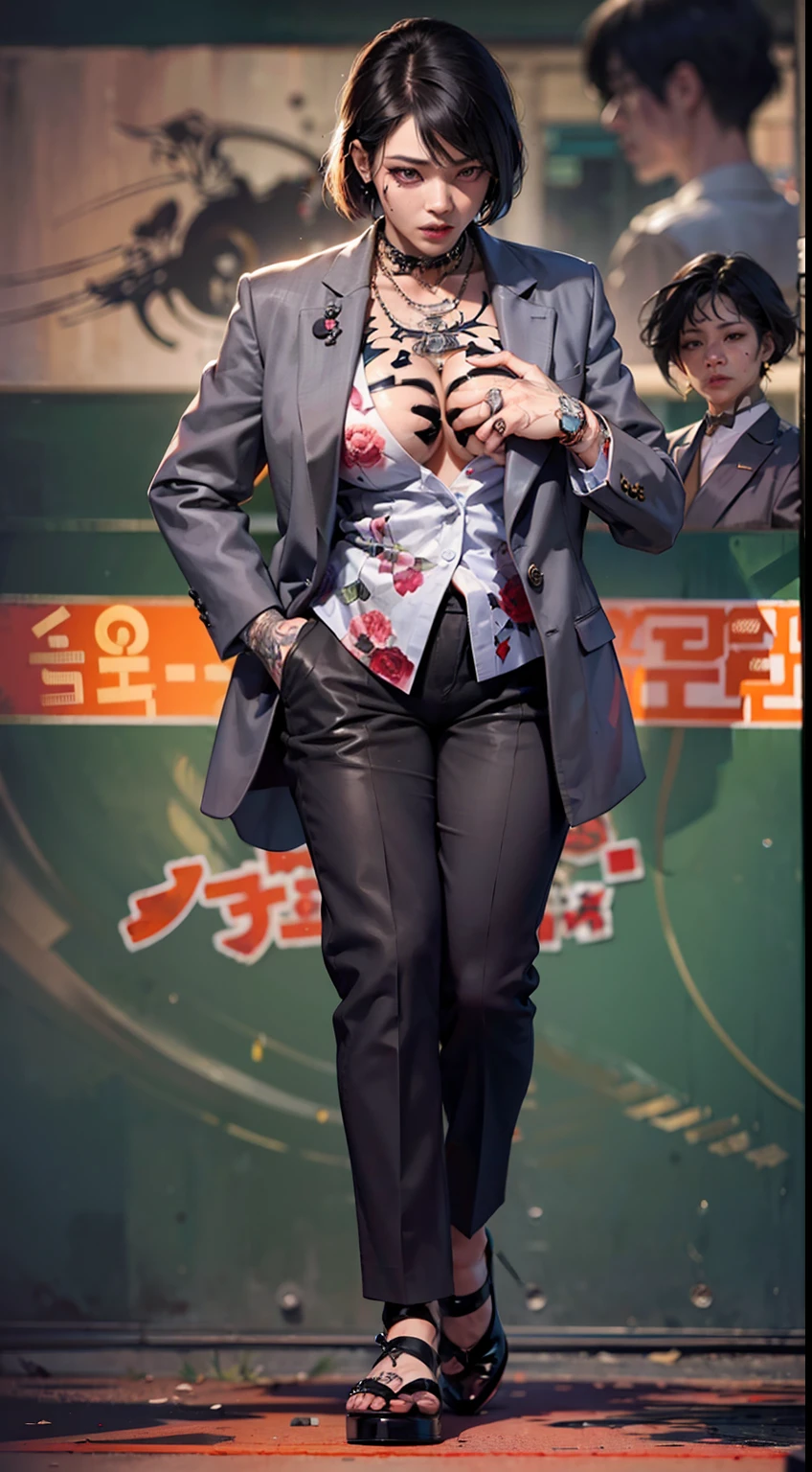 A gangster boss on the streets of Japan， A group of gang members stood behind，angry look，Mixed Korean，The background is blurred out，focal，电影灯光，(((tmasterpiece))), ((best qualtiy)), ((Complex and detailed)), ((ultra-realistic realism)), Ridiculous resolution, A MILF, Mature woman, ssee-through, highly  detailed, illustratio, 1girll, (huge tit), Thin waist and thick hips，long leges，beatiful detailed eyes, short detailed hair, brunette color hair, a purple eye, (Gangster suit:1.2),Tattooed with，Large flower arms，Full of tattoos，Japanese yakuza，Kamami Yamaguchi，Japanese Yamaguchi-gumi，Japanese yakuza woman，The Underworld，full tattoo，Gangster boss，Lunette de soleil，Gangster godfather，Blood stained the streets，Gang boss，Scarred figure，Bloody violence，Sexy and feminine，（No underwear），pantiess, detailed back ground, perfect  eyes, Seductive eye, looking at viewert，From the front，Wear light，