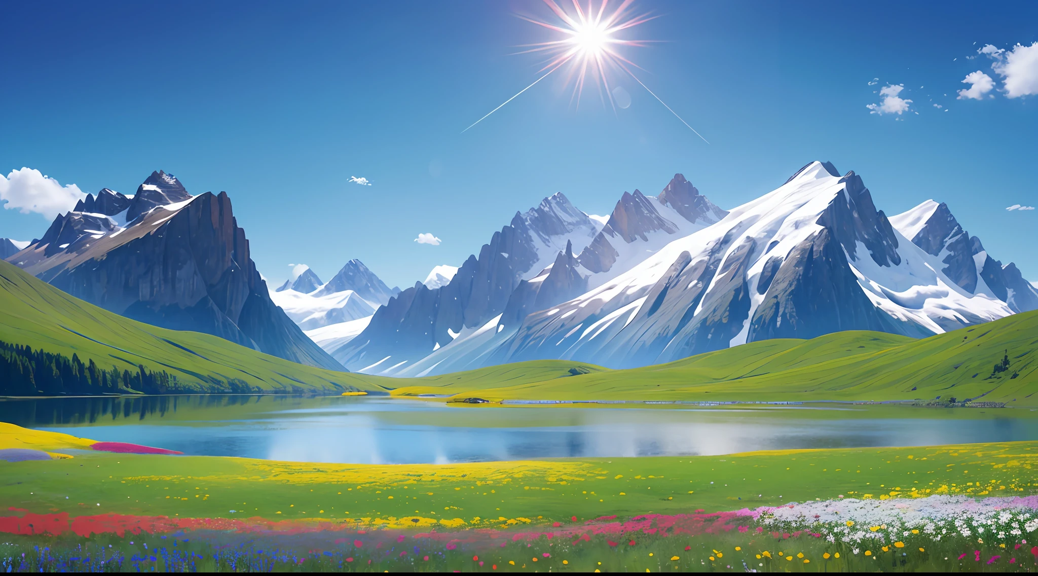 Summer, meadows, a few small flowers, clear lakes, sheep, heaven, large clouds, blue sky, hot weather, HD detail, hyper-detail, cinematic, surrealism, soft light, deep field focus bokeh, distant vistas are snowy mountains, ray tracing, and surrealism. --v6
