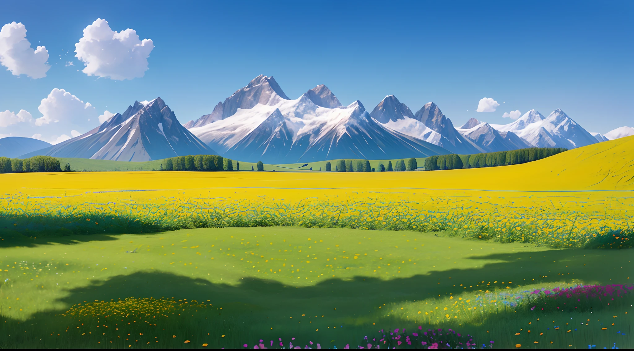 Summer, meadows, a few small flowers, clear lakes, sheep, heaven, large clouds, blue sky, hot weather, HD detail, hyper-detail, cinematic, surrealism, soft light, deep field focus bokeh, distant vistas are snowy mountains, ray tracing, and surrealism. --v6