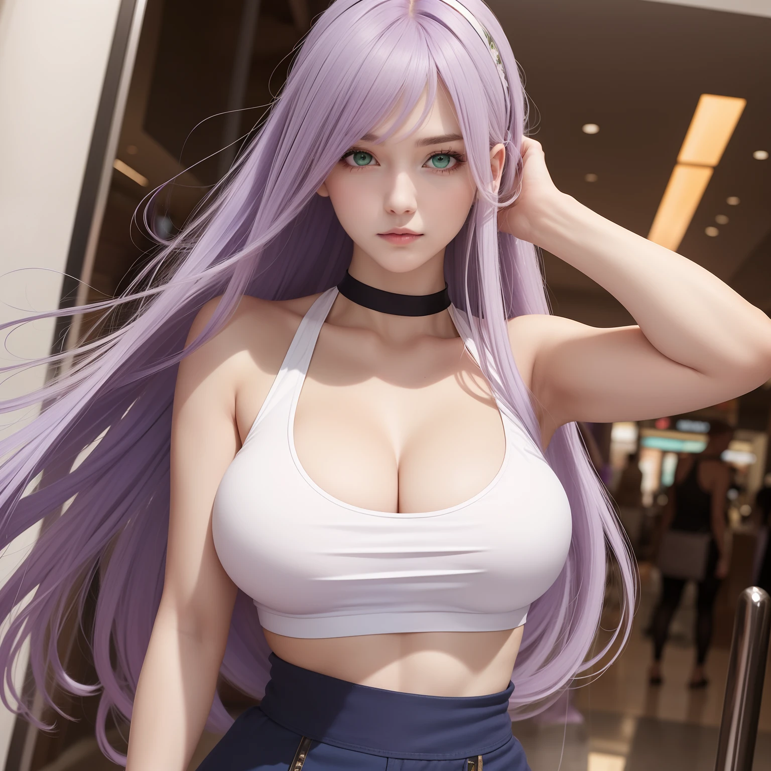1girl, long light purple hair, green eyes, white low cut crop top, short dark blue skirt, mall, cleavage, large chest