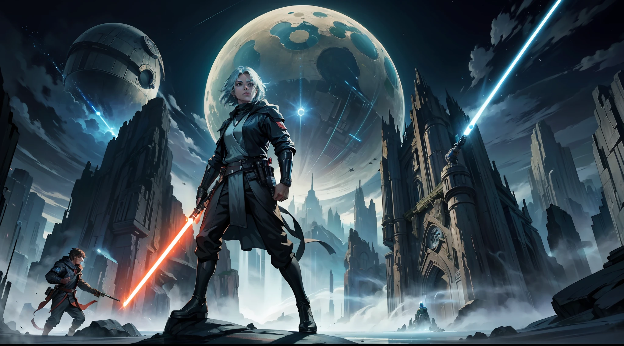A Jedi Knight is fighting a Sith Lord with his lightsaber on an alien planet, ACTION SCENE, movie scene, panoramic view, light particles around, ultra definition, very high resolution, 8k, volumetric light, dynamic composition, details intricate, masterpiece