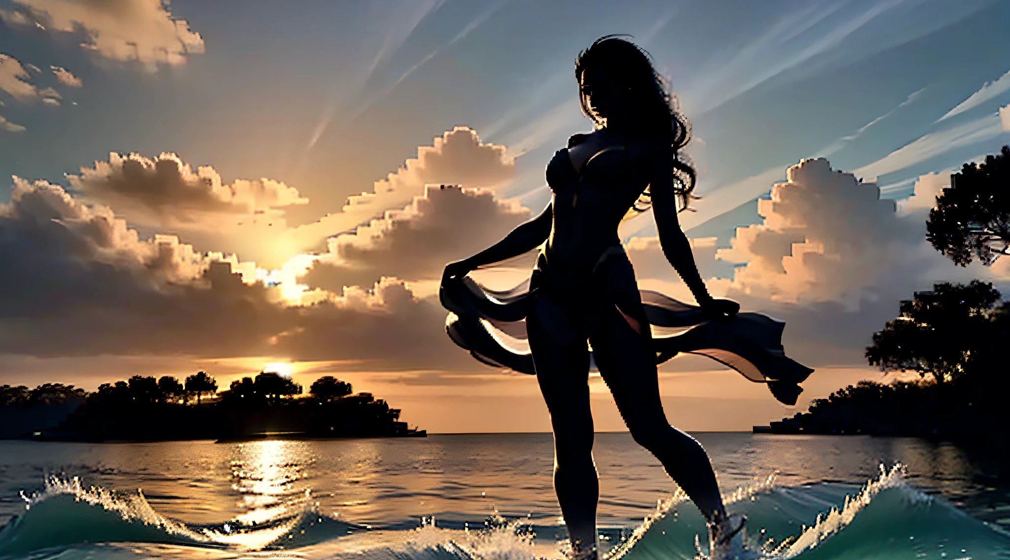 Silhouette photography，Master made，Highest image quality，finedetail，Artistic aesthetics，Backlit photography，siluette，（aqua background），（Blue highlight illumination on the background），Dancing beautiful girl，Long hair fluttering ，Wearing a naked，Sexy and charming（Perfect body curves，Breast augmentation buttocks，Hot body，，Dance to your heart's content），In the lake water，Picoripples，8 k hd wallpaper，Consistent with human anatomy，Follow aesthetic principles。Flat perspective effect。A high resolution，Beautiful picture。