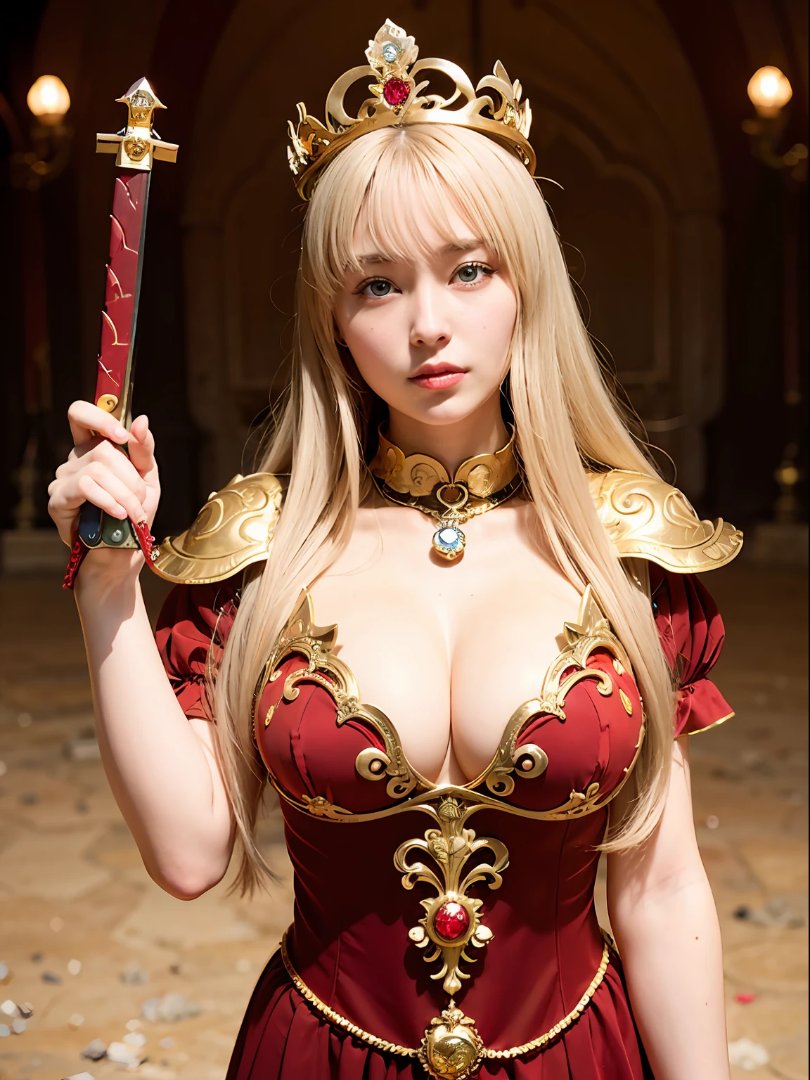 (masutepiece), Professional , ​masterpiece、top-quality、photos realistic , depth of fields （Gemstone Silver Metal Body:1.９),Background inside the castle、(Matte Red、Jewel Gold Weapon（Jewel Metal Body:1.４),Young 20 year old girl、（Gorgeous metal weapons） , Detailed Sword of the Brave , Beautiful knife   ,warhammer 40k , adepta sororitas,(a blond),Detail and ornate jewel crown、Golden hair、Gangle's forest background、Beautiful Caucasian beauty、１a person、dynamic ungle,(((Detailed and ornate diamond crown)))、Smaller head、A smile、Powerful poses、Background inside the castle、Thin and beautiful female hands、Old ancient ruins、A smile、cleavage of the breast、（Mystical expression）、