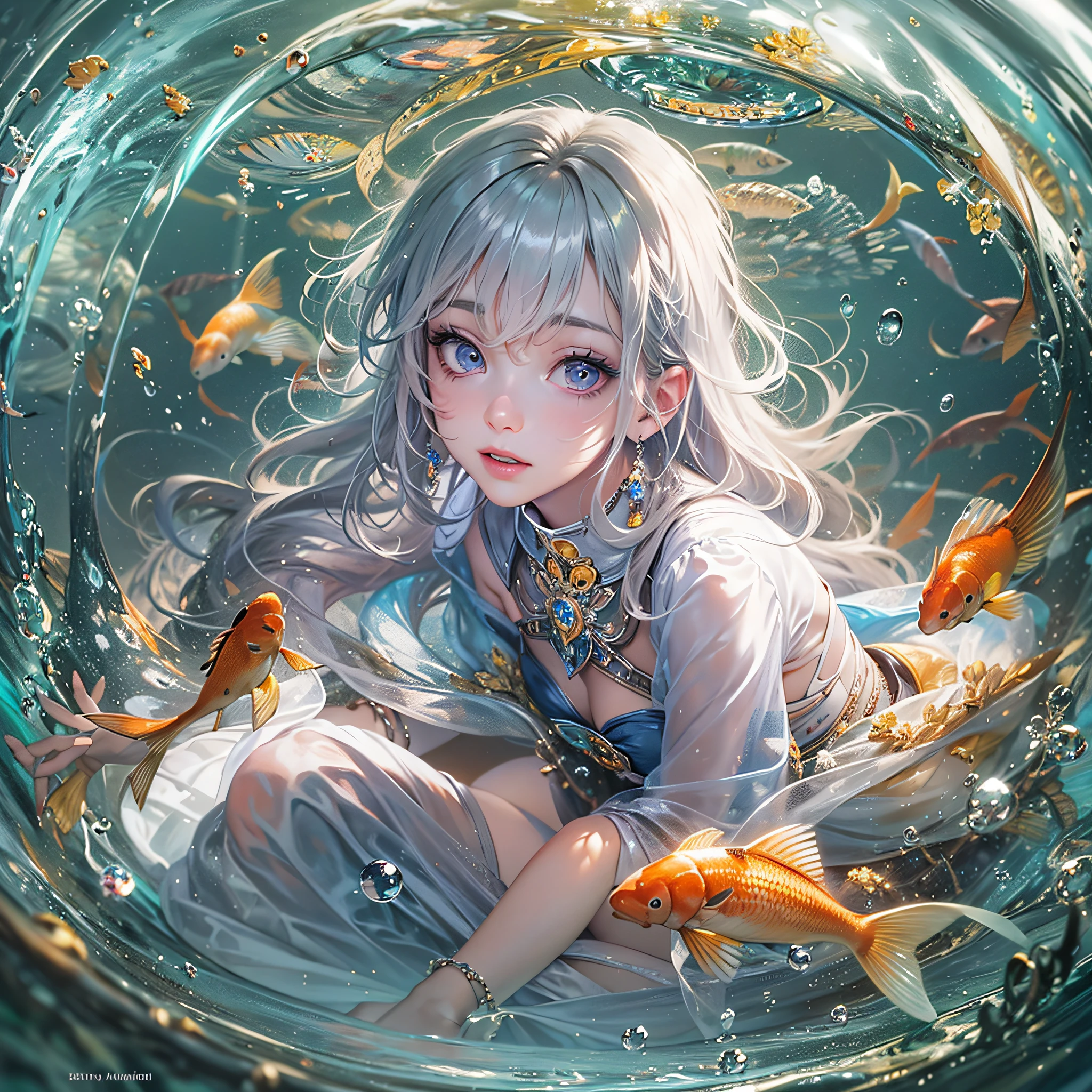 best quality, masterpiece, (realistic:1.2), 1 girl, detailed face, beautiful eyes, [(Transparent background:1.5)::5],(((masterpiece))),(((best quality))),(((extremely detailed))),illustration, 1girl,solo,mysterious,vivid color, shiny, underwater transparent sealed hemispherical glass dome, (white hair),(purple eyes), full body, barefoot, long hair tranquil nature, koi, Underwater, Dome, close up, Dynamic actions, Lens perspective,(((Box composition))),sit cross-legged and lean against the bookshelf, volumetric lighting, multi-color eyes, detailed eyes, hyper detailed, light smile, highly detailed, beautiful, small details, ultra detailed, best quality, intricate, 4k, 8k, trending on art station, good anatomy, beautiful lighting, award-winning,