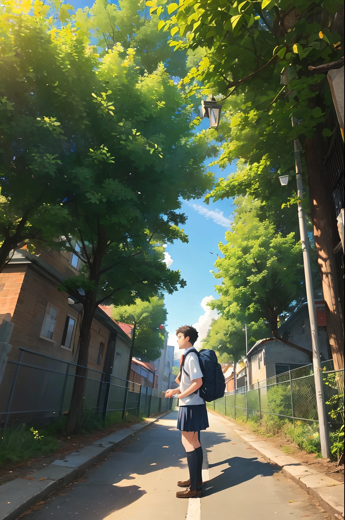 masterpiece, best quality, 1boy, male focus, handsome, residential area, fence, spindle trees, afternoon sun, the way home from school, school uniform, backpack, flock of birds, from directly side, depth of field