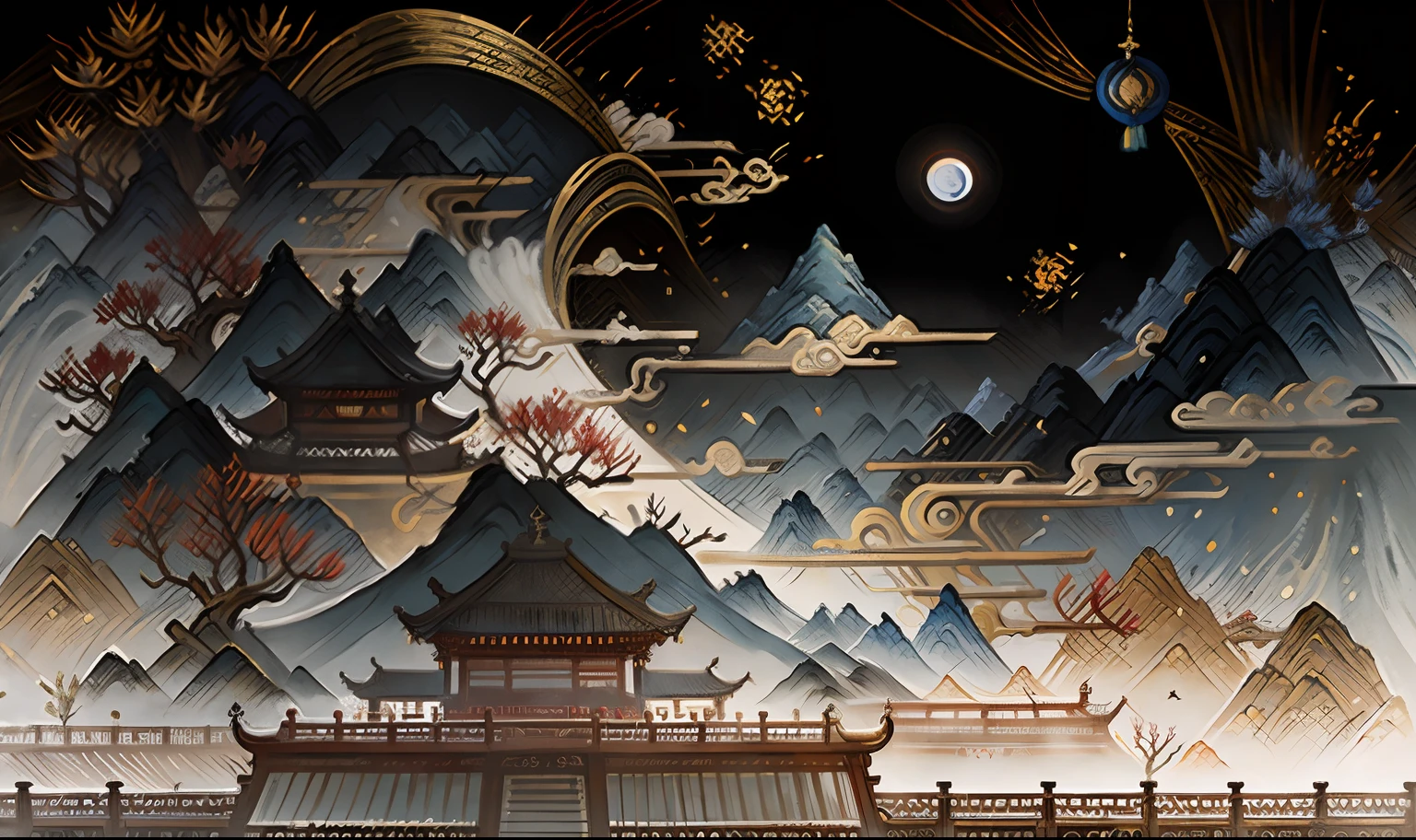 An ancient Chinese painting, Ancient Chinese background, mountain ranges, rios, Auspicious clouds, Pavilions, themoon, National tide, clubs, Falling,k hd