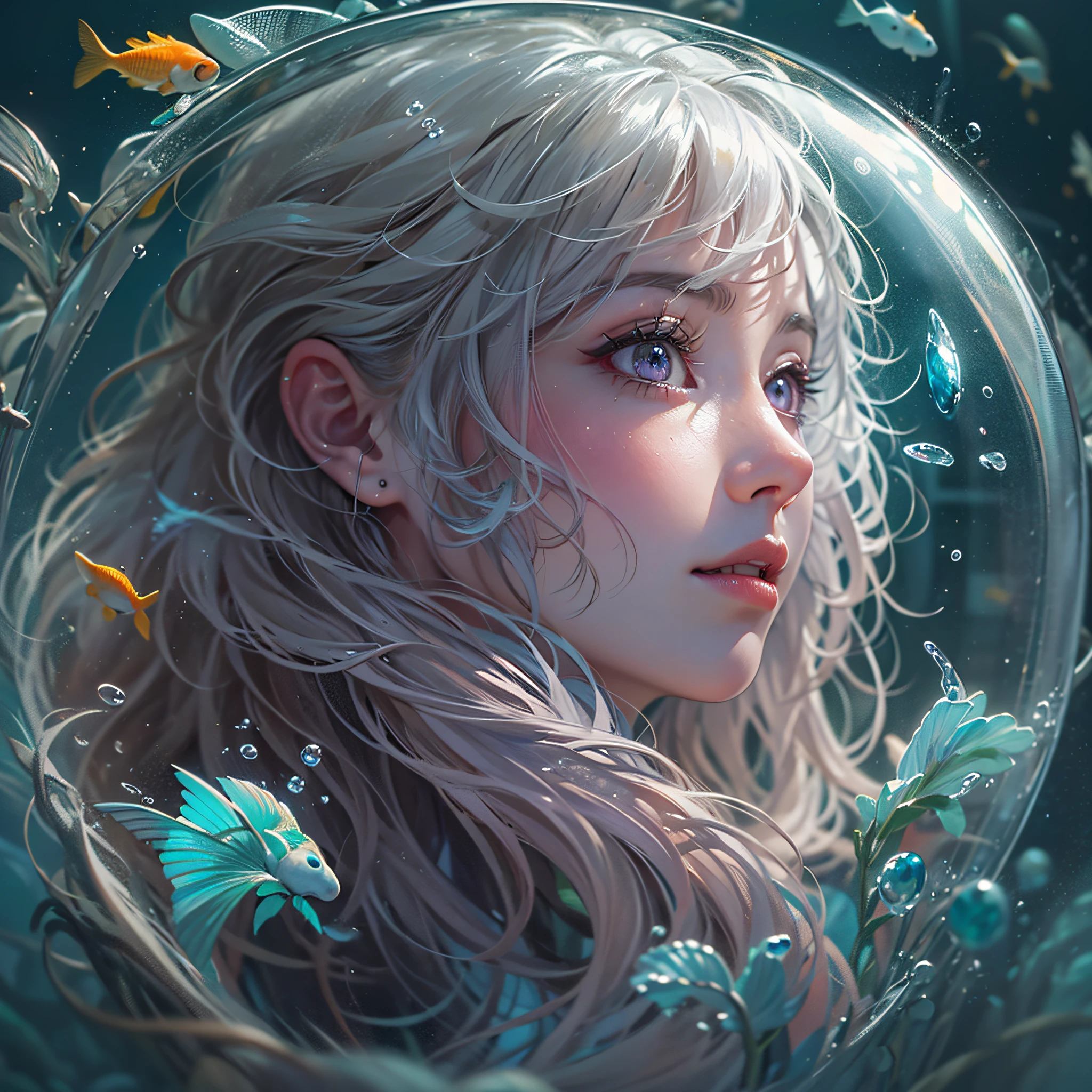 best quality, masterpiece, (realistic:1.2), 1 girl, detailed face, beautiful eyes, [(Transparent background:1.5)::5],(((masterpiece))),(((best quality))),(((extremely detailed))),illustration, 1girl,solo,mysterious,vivid color, shiny, underwater transparent sealed hemispherical glass dome, (white hair),(purple eyes), full body, barefoot, long hair tranquil nature, koi, Underwater, Dome, close up, Dynamic actions, Lens perspective,(((Box composition))),sit cross-legged and lean against the bookshelf, volumetric lighting, multi-color eyes, detailed eyes, hyper detailed, light smile, highly detailed, beautiful, small details, ultra detailed, best quality, intricate, 4k, 8k, trending on art station, good anatomy, beautiful lighting, award-winning,