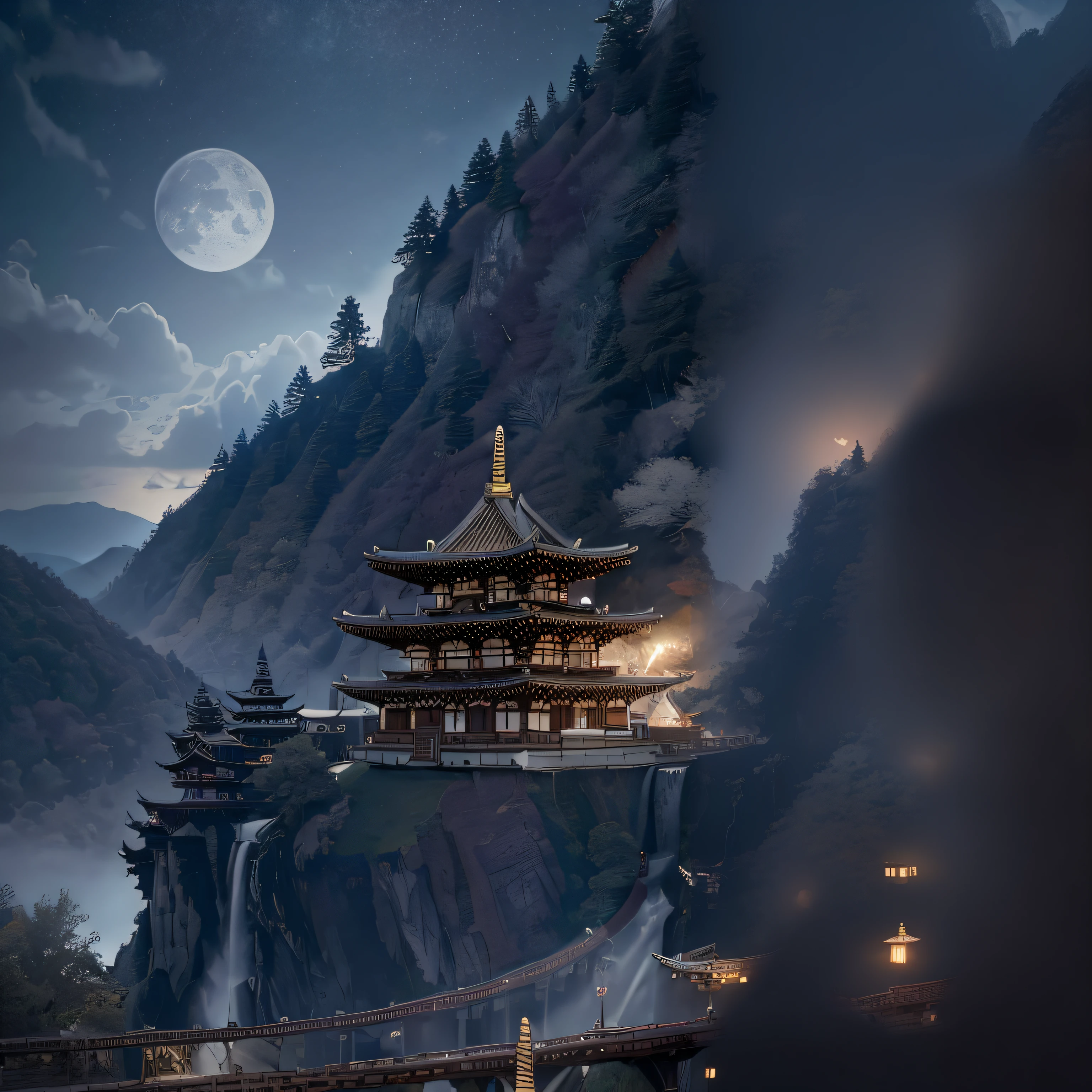 There is a picture of a bridge over the river，In the background is a pagoda, digital painting of a pagoda, cyberpunk chinese ancient castle, dreamy Chinese towns, ross tran. scenery background, andreas rocha style, cyberpunk japanese temple, Detailed scenery —width 672, Zen temple background, Ancient Chinese architecture, 8k matte painting, 8 k matte painting