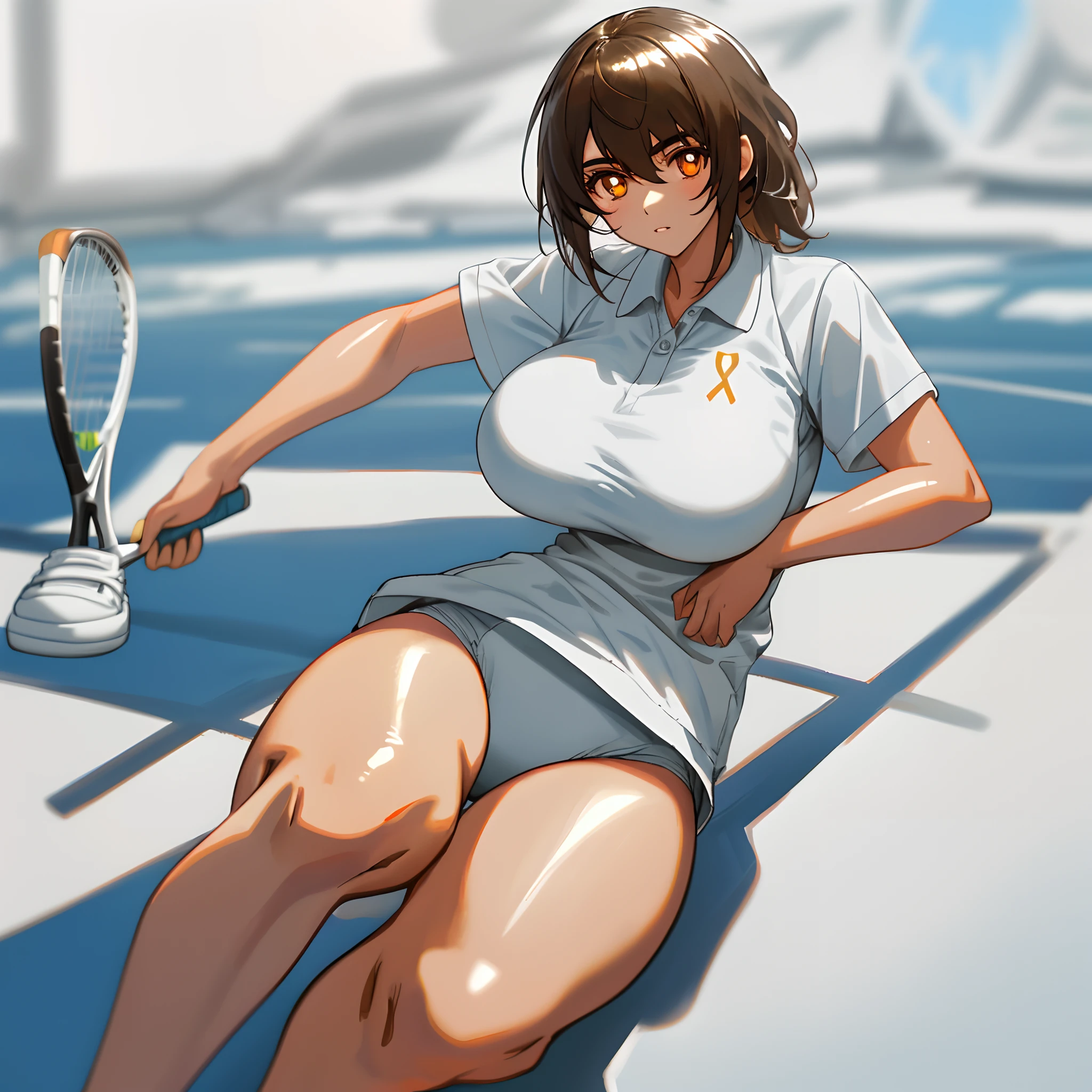 1girl, 独奏, White polo shirt, White sneakers, tennis wear, a white bikini, tmasterpiece, Best quality at best, realisticlying, ultra - detailed, (shiny skins, perspired:1.4), absurderes, looking at viewert, cabelos preto e longos, with brown eye,slenderness,Dynamic light and shadow,A high resolution,Sharp focus,depth of fields,The eyes are delicate,Sharp pupils,pupil realistic,(huge tit:1.2),(Thigh thick:1.0),exteriors,Skysky,(perspired:1.2)