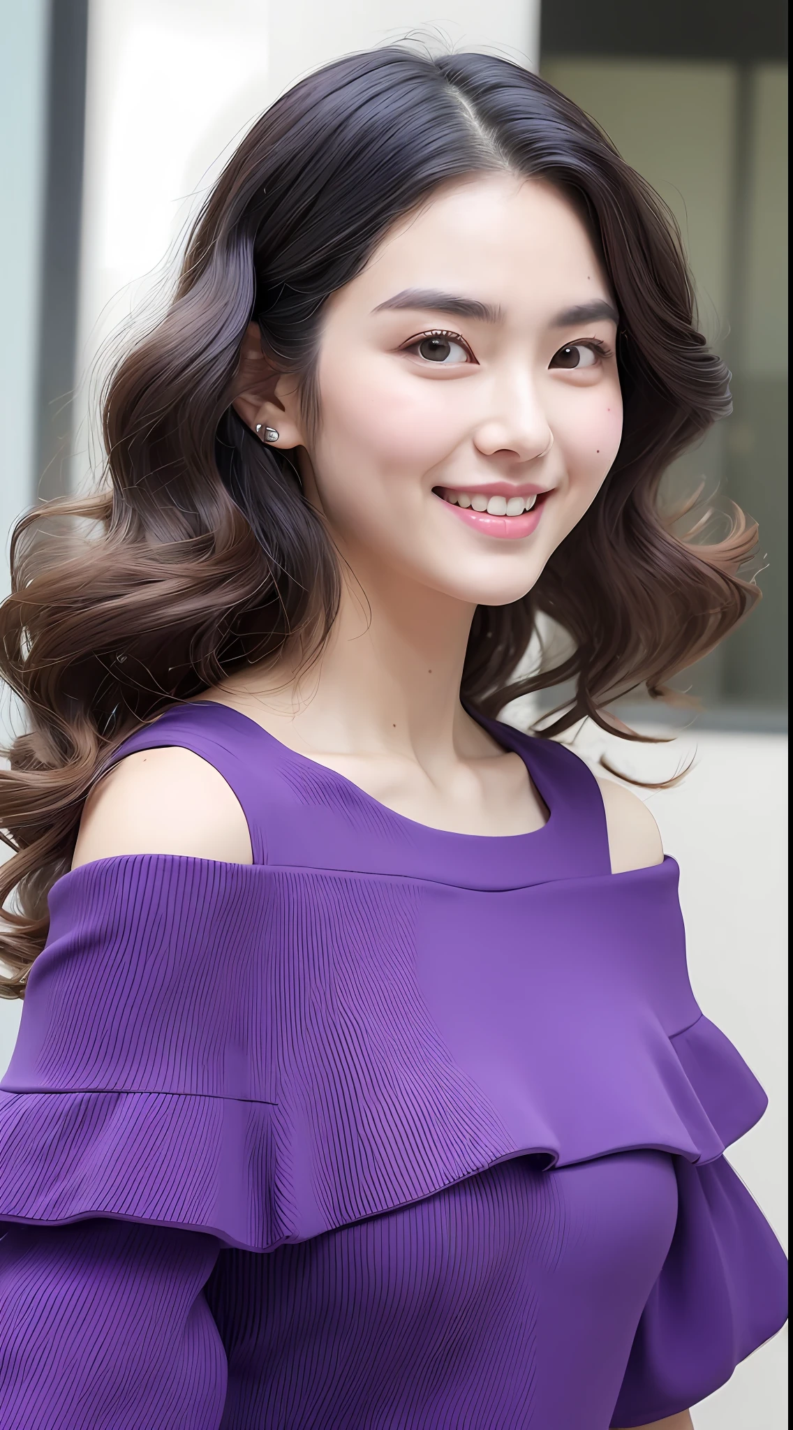 (1 Korean star of the royal sister style),((best qualtiy, 8k, tmasterpiece:1.3)), Focus:1.2, perfect figure beautiful woman:1.4 , (ssmile),(Street:1.3), Highly detailed facial and skin texture, A detailed eye, 二重まぶた,Whiten skin,(Big wavy hairstyle:1.3),(with a round face:1.5),(Purple off-the-shoulder top:1.4),