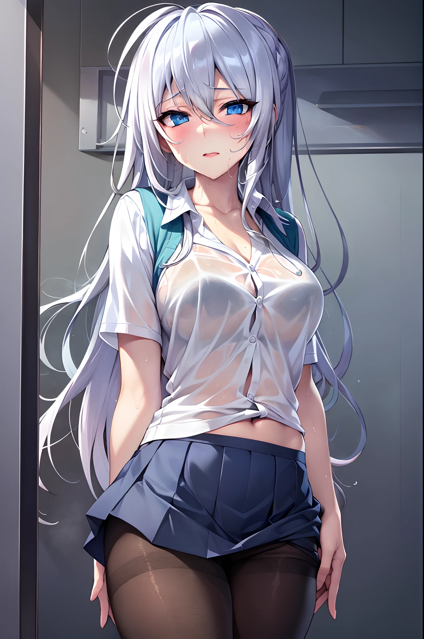 realistic, masterpiece, best quality, high definition, sa1, high school girl, single, solo girls' changing room, sweat-soaked silver hair, blue eyes, sweat-soaked school uniform, (pantyhose), white shirt, big tits, skirt, black skirt, navy blue high socks, sweat-wet skin
